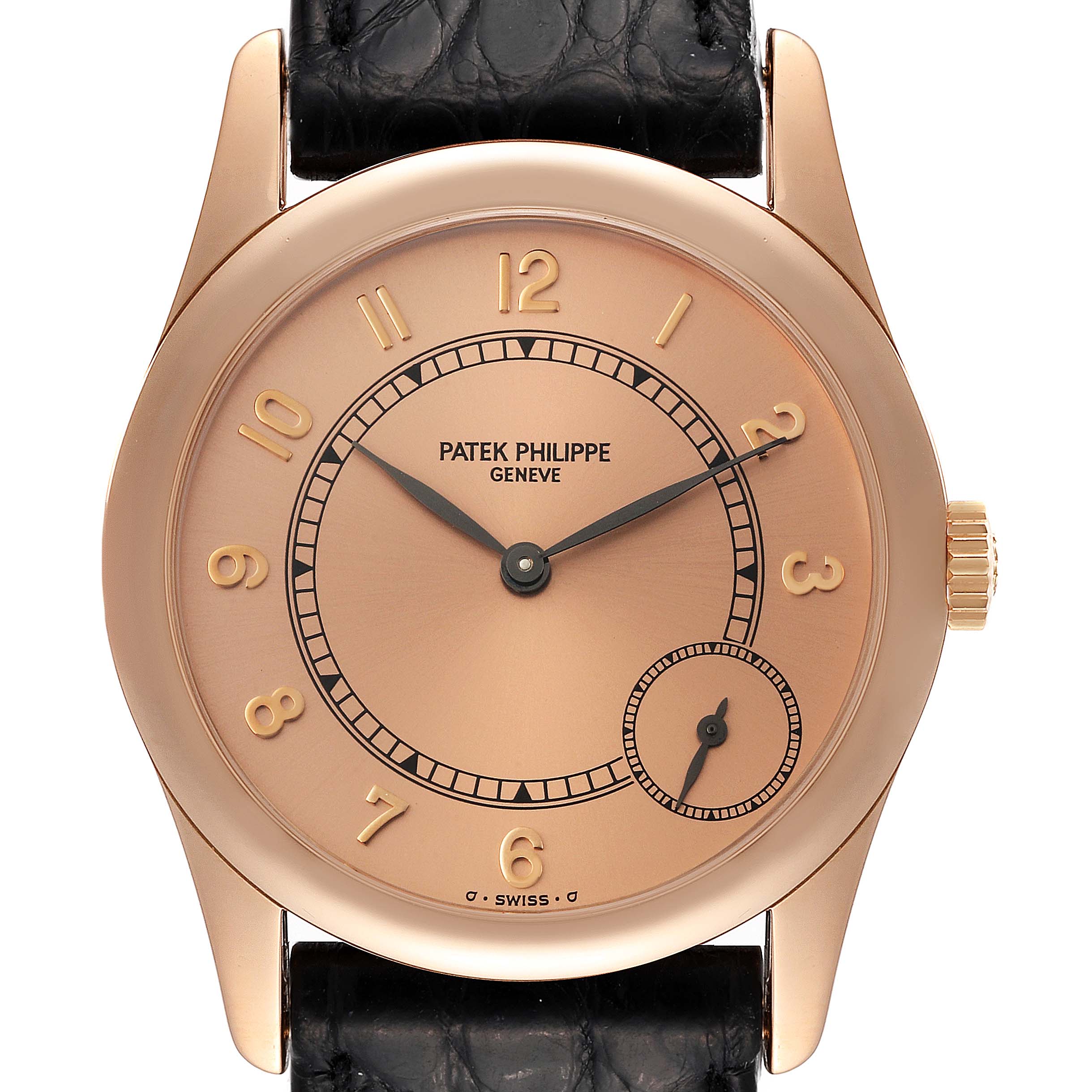 The image shows a front view of the Patek Philippe Calatrava 5000J Men's Rose Gold Brown Dial 5000J Men's Rose Gold Brown Dial watch, displaying the face, dial, and part of the strap.