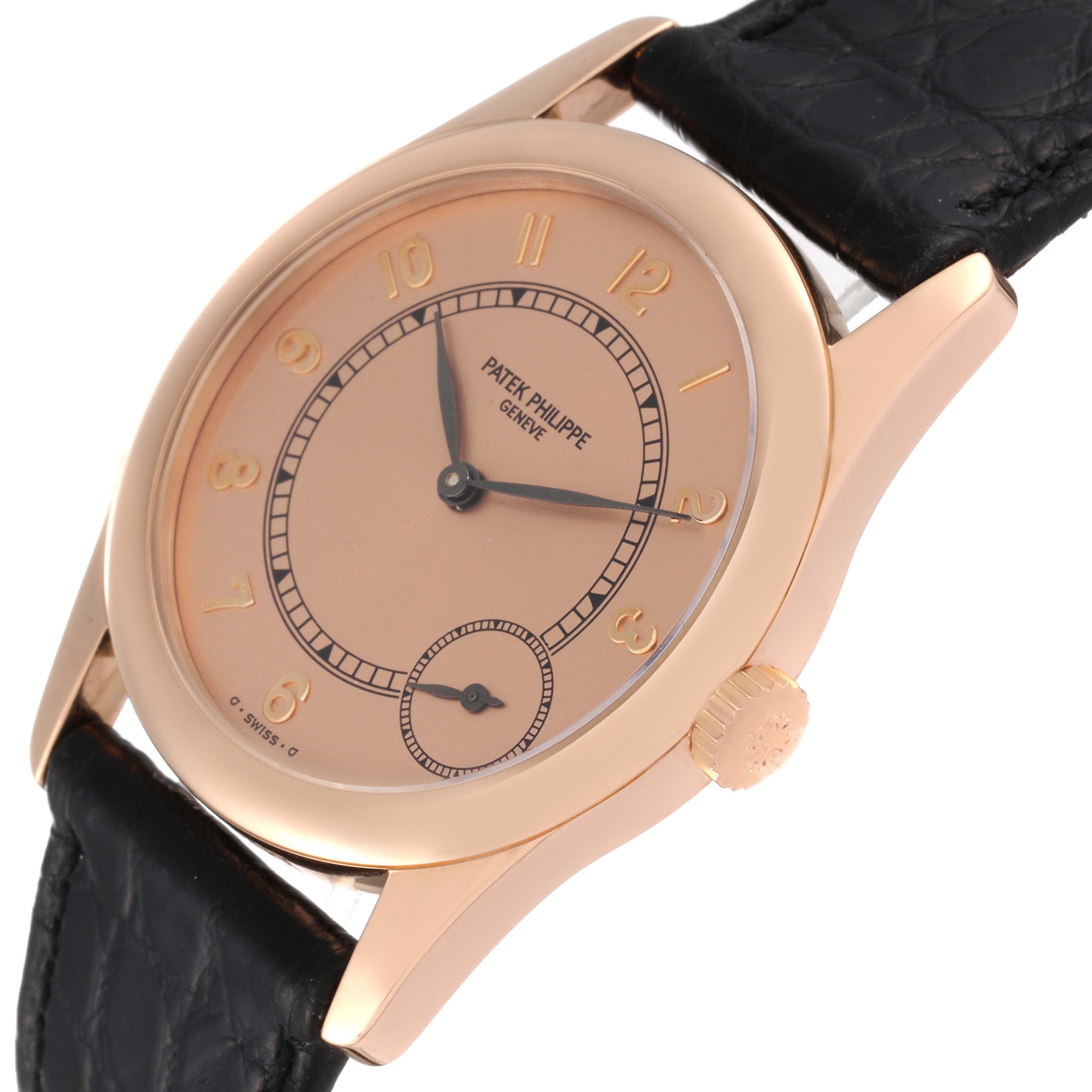 The image shows a Patek Philippe Calatrava 5000J Men's Rose Gold Brown Dial 5000J Men's Rose Gold Brown Dial watch at a slight angle, highlighting the dial, case, crown, and black leather strap.