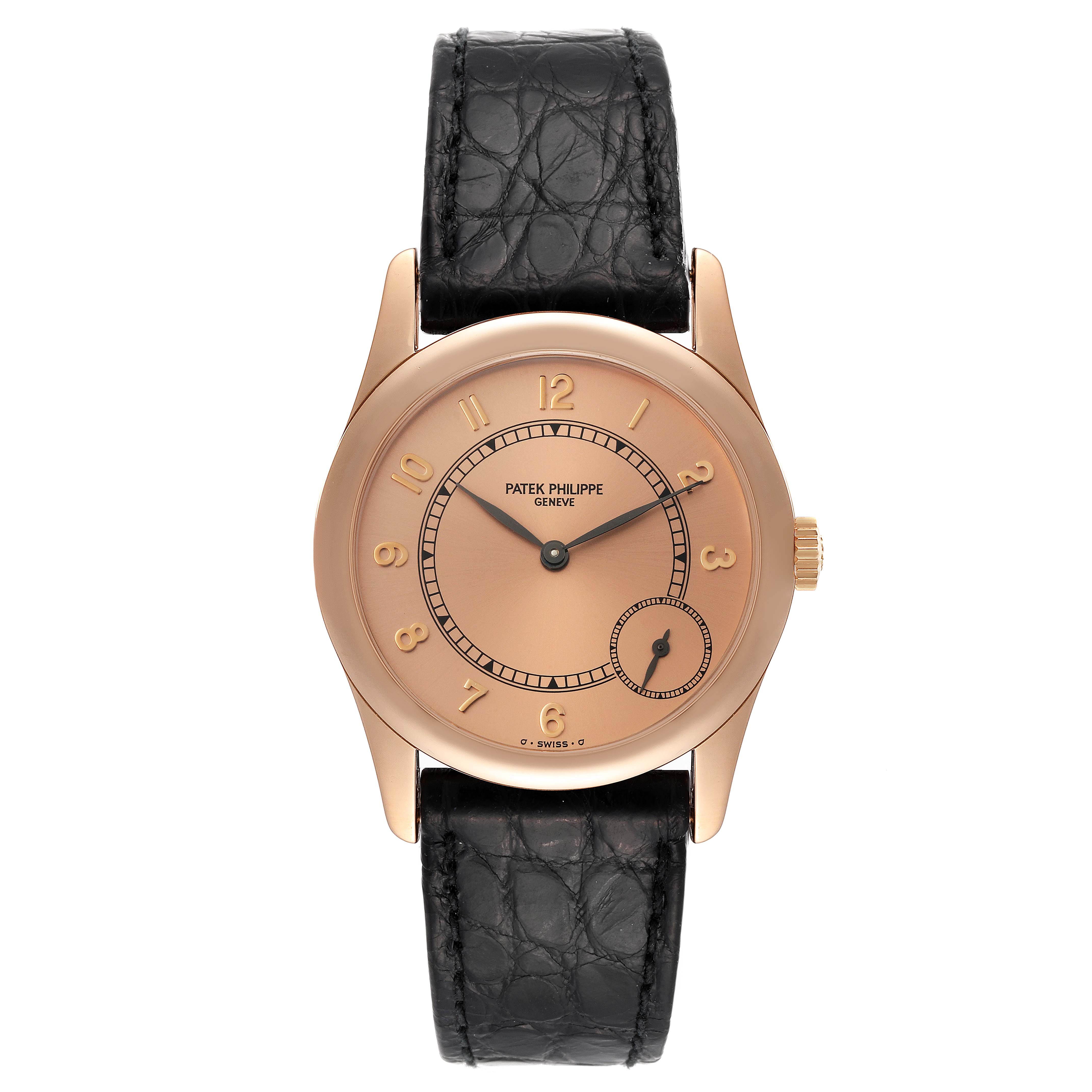 The image shows a front view of the Patek Philippe Calatrava 5000J Men's Rose Gold Brown Dial 5000J Men's Rose Gold Brown Dial watch with a black leather strap and gold-tone dial.