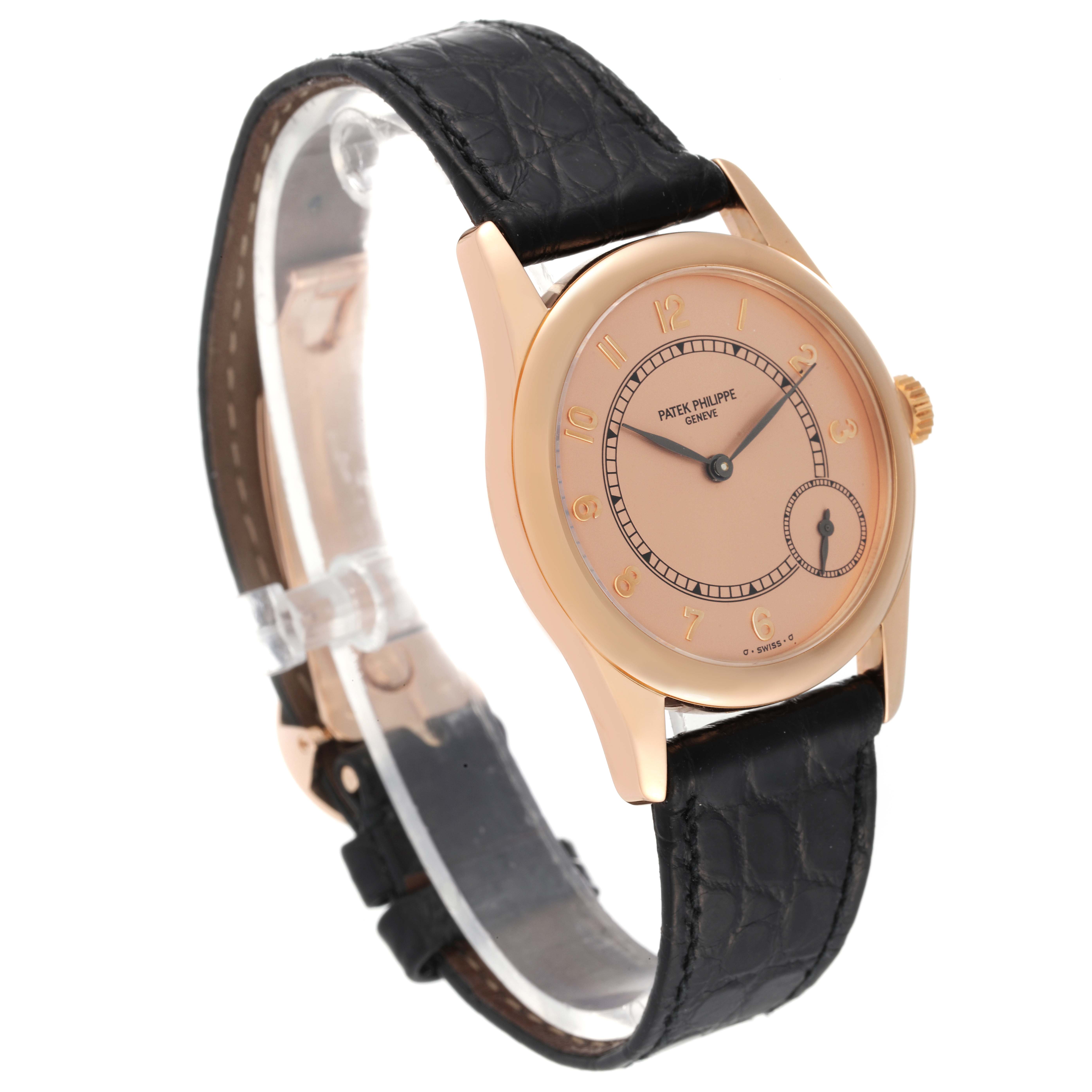 The image shows a Patek Philippe Calatrava 5000J Men's Rose Gold Brown Dial 5000J Men's Rose Gold Brown Dial watch angled slightly to the left with its face, strap, and crown visible.