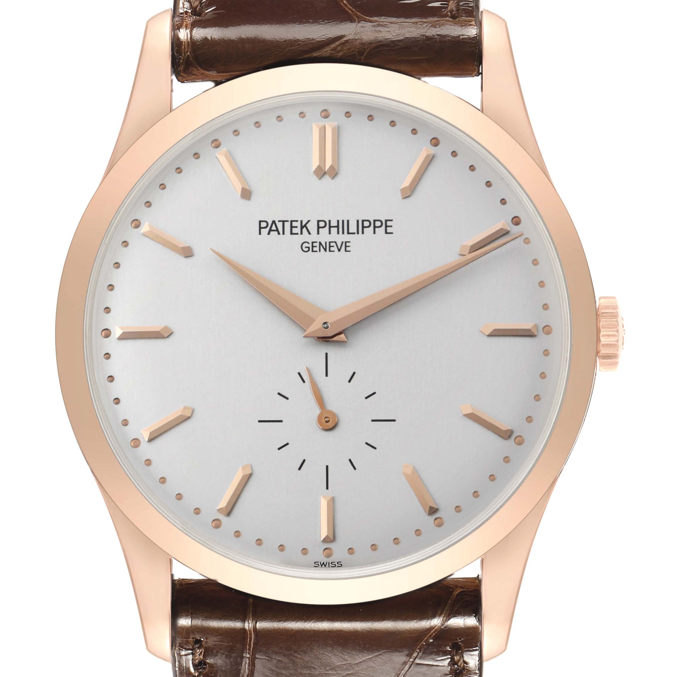 The Patek Philippe Calatrava 5196R Men's Rose Gold Silver Dial watch is shown from the front, highlighting its face, hands, and leather strap.
