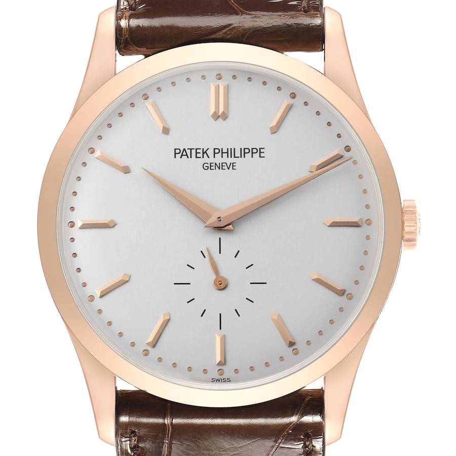 The Patek Philippe Calatrava 5196R Men's Rose Gold Silver Dial watch is shown from the front, highlighting its face, hands, and leather strap.