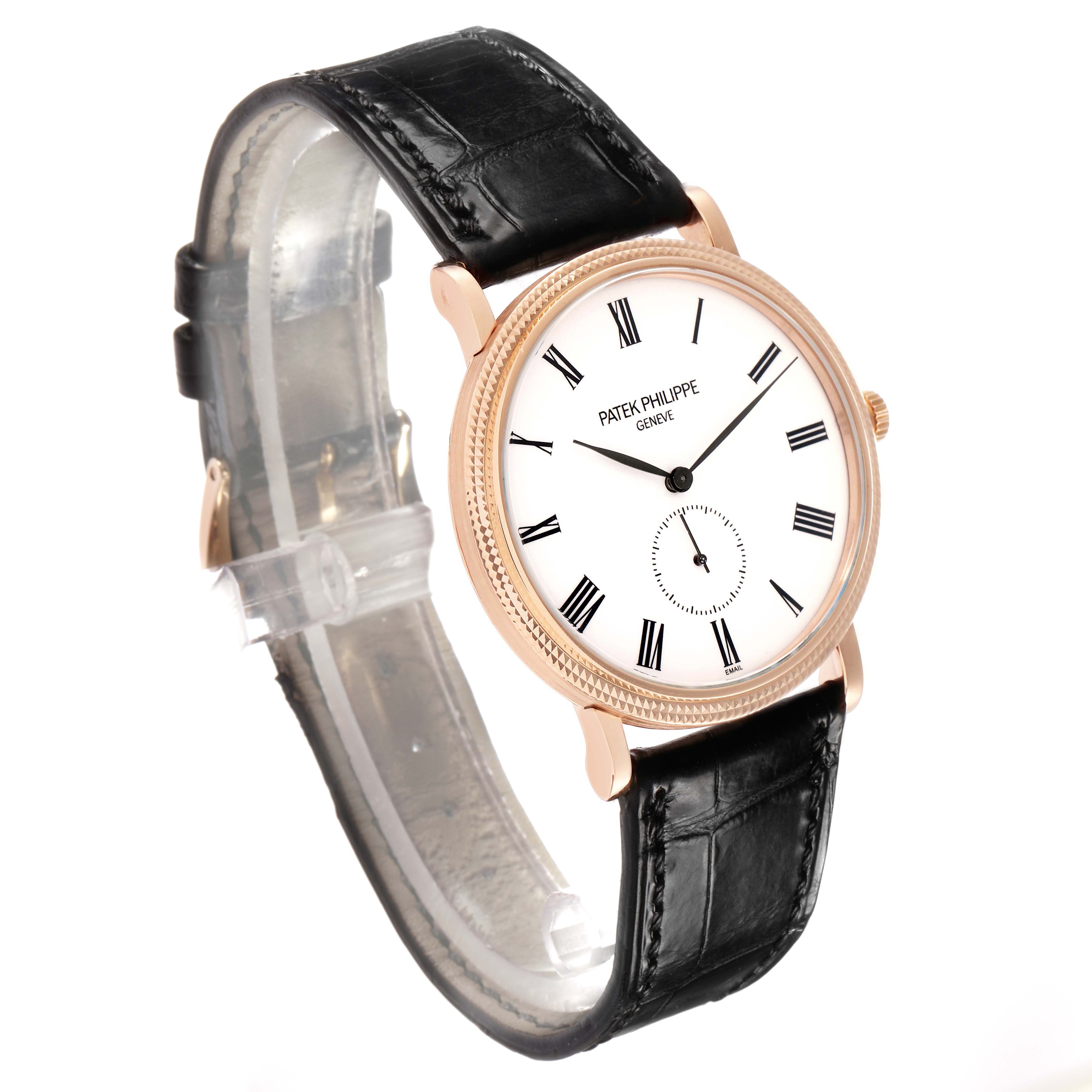 The Patek Philippe Calatrava 5116R Men's Rose Gold White Dial watch is shown at a side angle, displaying the face, bezel, strap, and clasp.