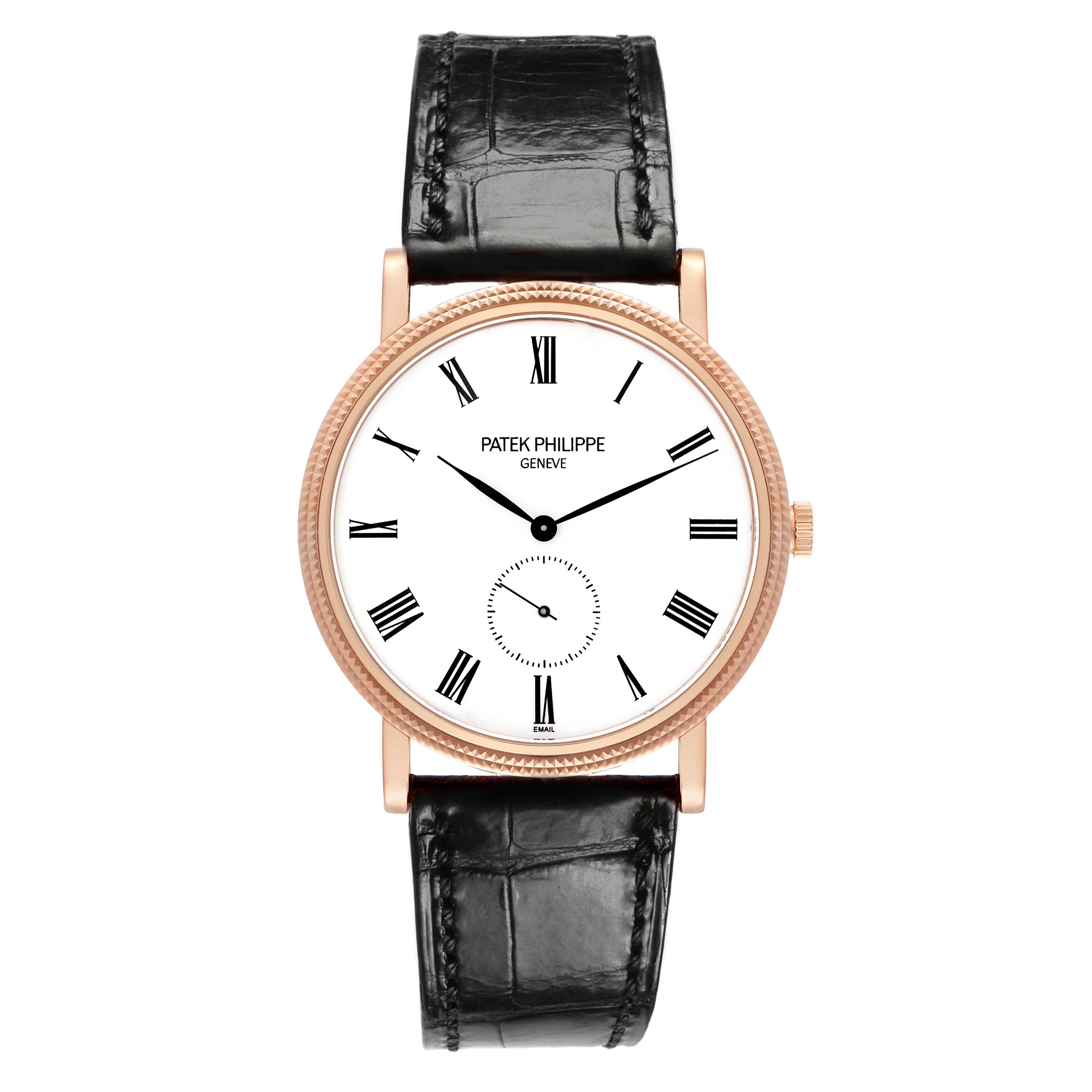 The Patek Philippe Calatrava 5116R Men's Rose Gold White Dial watch is shown from a front angle, displaying the dial, hands, Roman numerals, case, and leather strap.