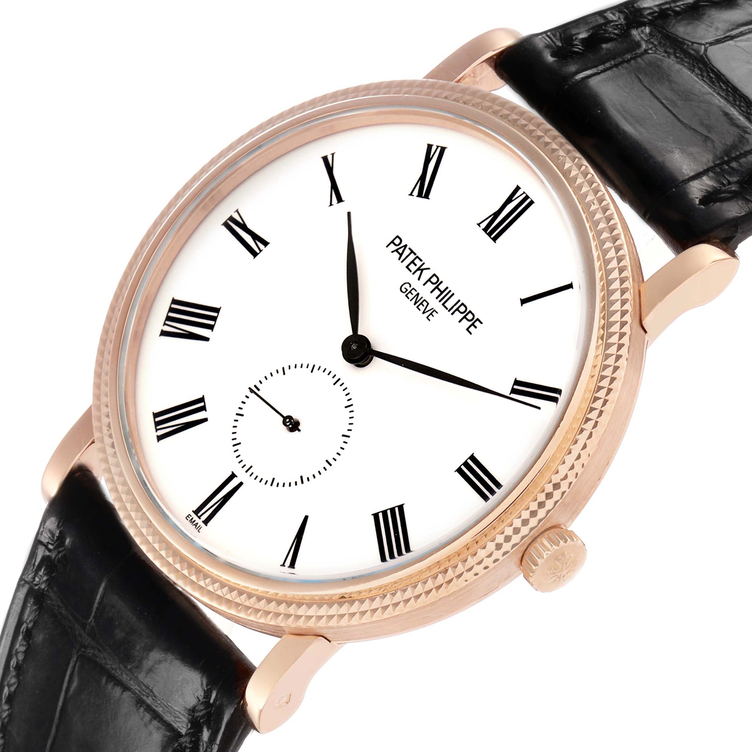 The Patek Philippe Calatrava 5116R Men's Rose Gold White Dial is shown from a slightly angled top view, highlighting its dial, hands, case, and leather strap.
