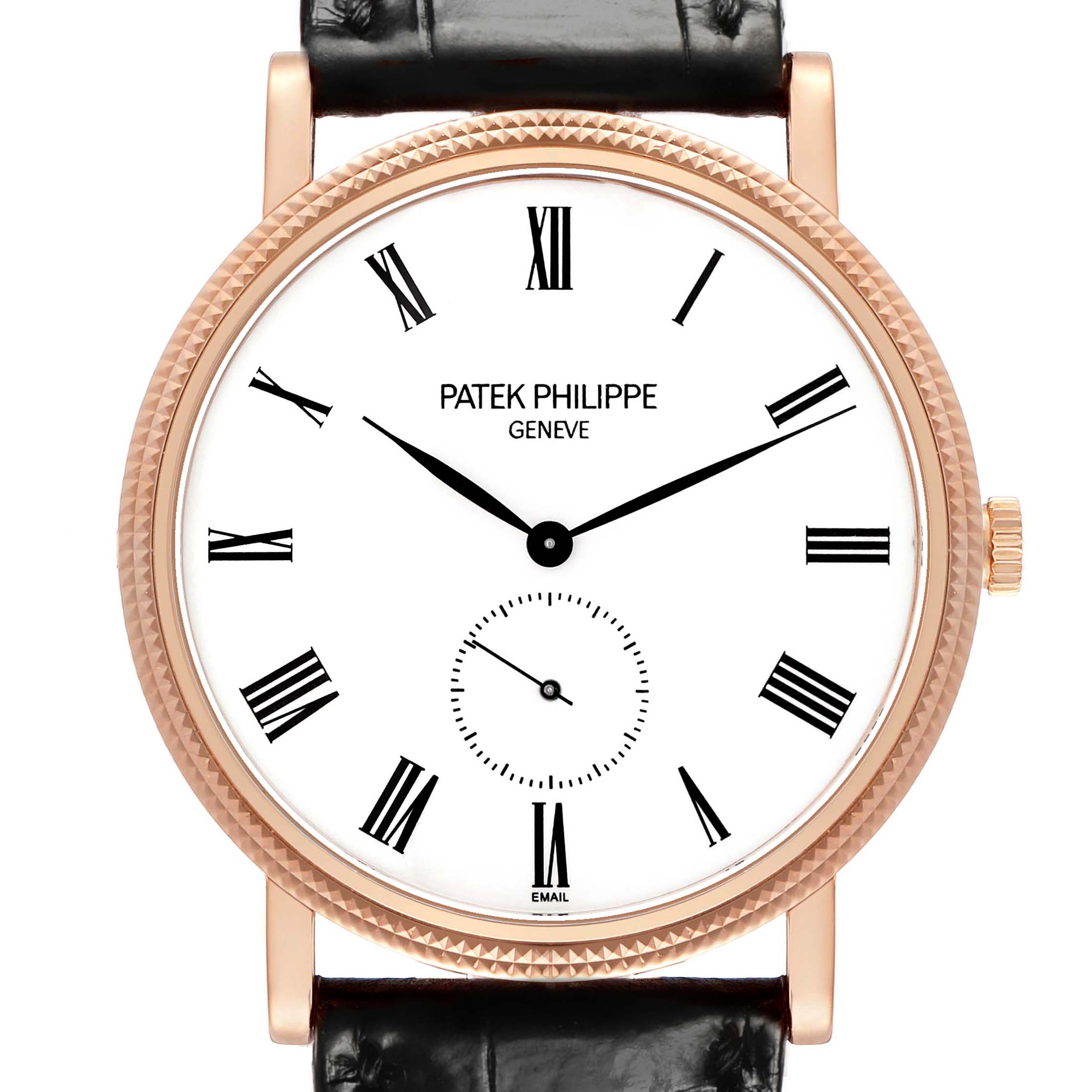 The Patek Philippe Calatrava 5116R Men's Rose Gold White Dial watch is shown from a front angle, highlighting its dial, bezel, crown, and leather strap.