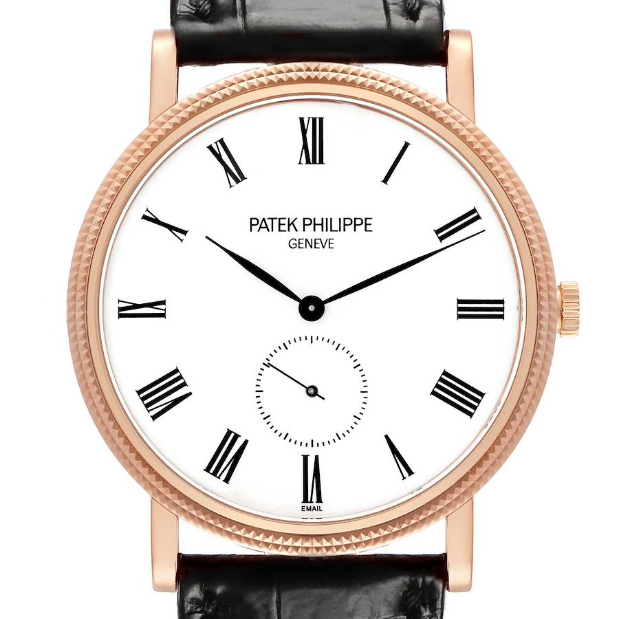 The Patek Philippe Calatrava 5116R Men's Rose Gold White Dial watch is shown from a front angle, highlighting its dial, bezel, crown, and leather strap.