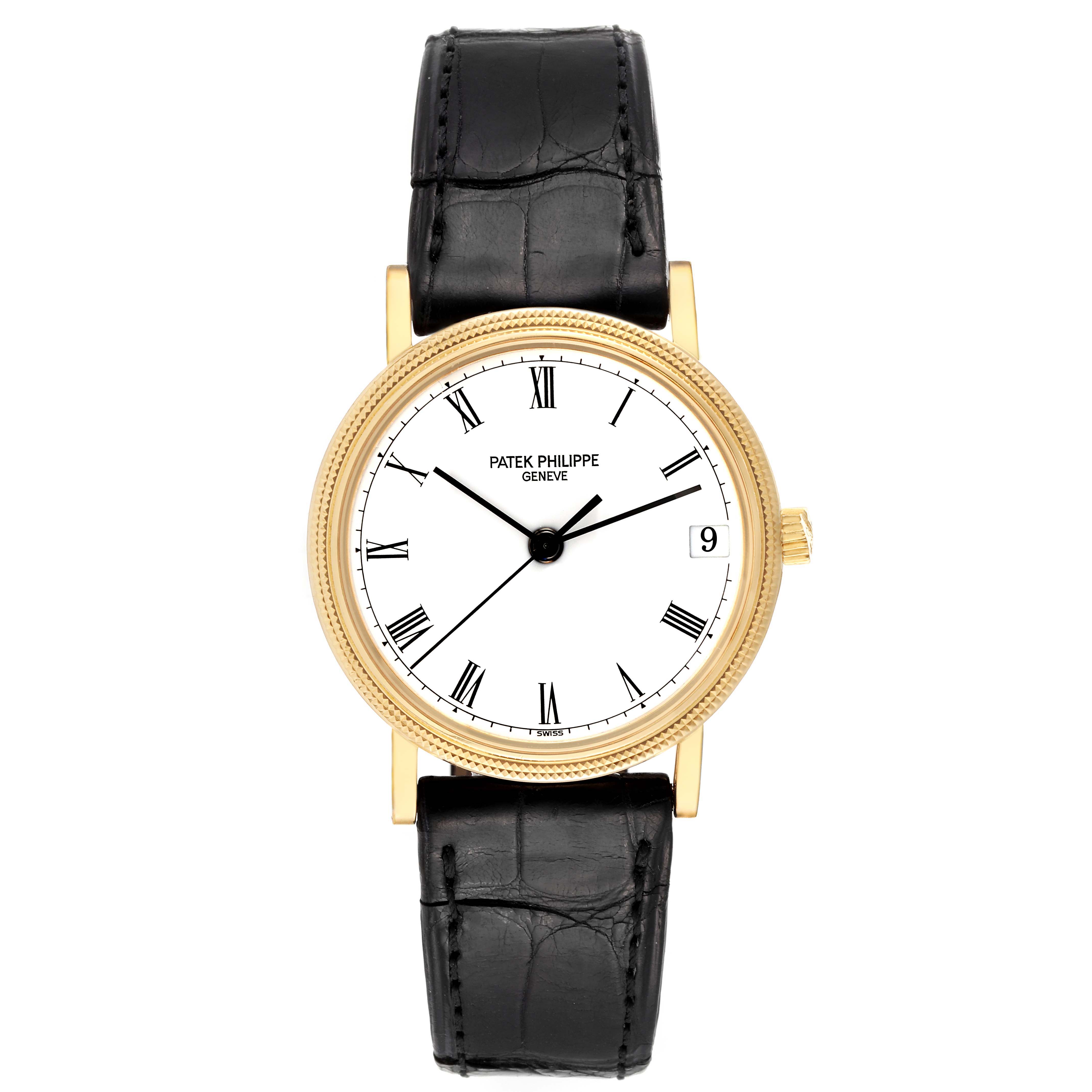 The image shows a Patek Philippe Calatrava 3802/200 Men's Yellow Gold White Dial 3802/200 Men's Yellow Gold White Dial watch from a front angle, highlighting its dial, strap, and casing.