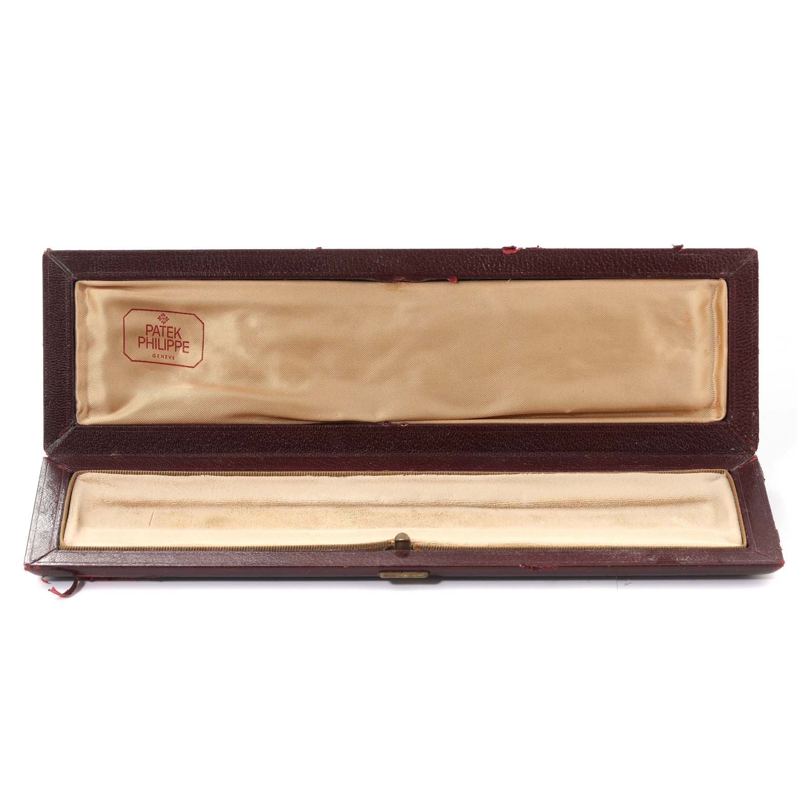 This image shows an open watch box for the Patek Philippe Calatrava 3802/200 Men's Yellow Gold White Dial 3802/200 Men's Yellow Gold White Dial model, displaying the interior lining and logo.