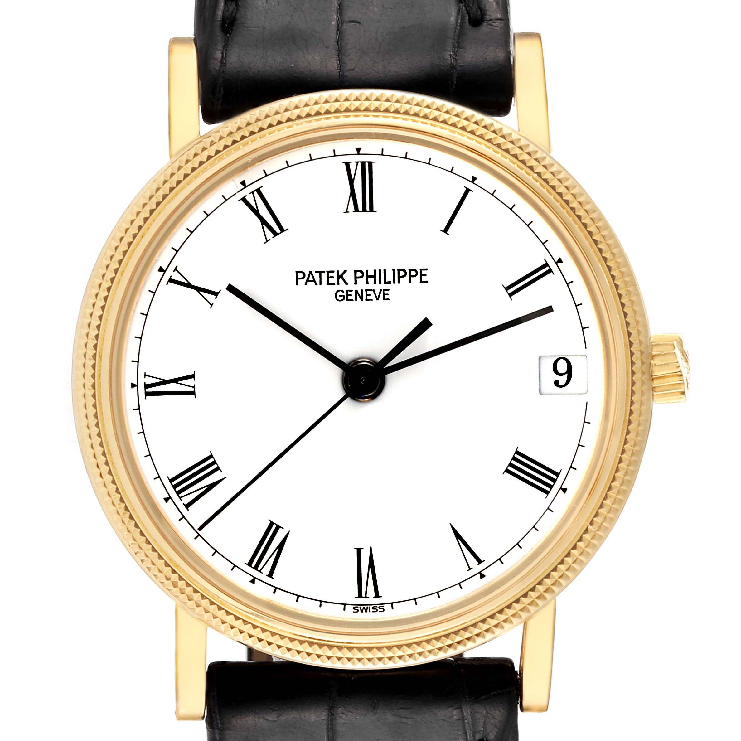 This image shows a front view of a Patek Philippe Calatrava 3802/200 Men's Yellow Gold White Dial 3802/200 Men's Yellow Gold White Dial watch, highlighting the face, Roman numerals, hands, and date display.