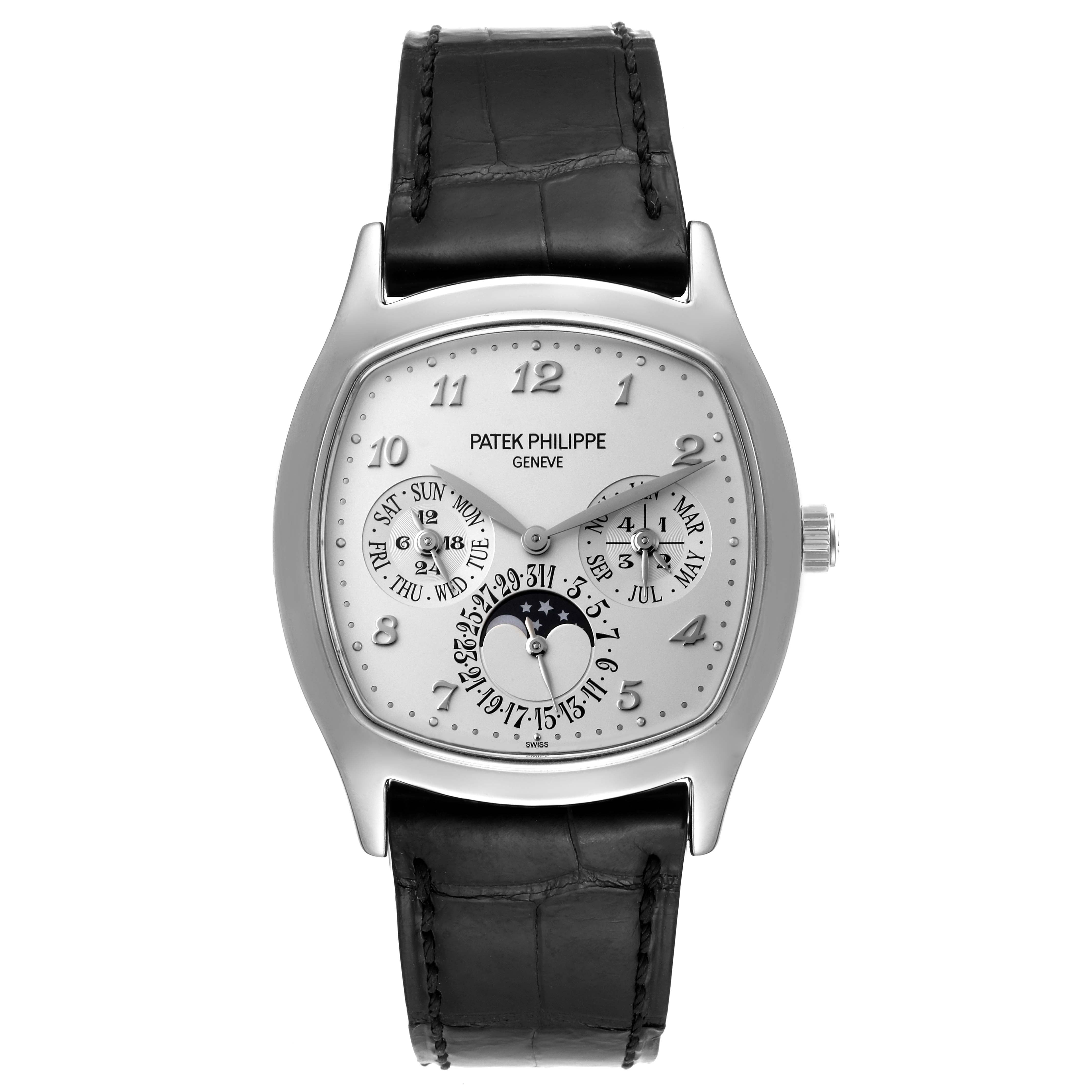 The Patek Philippe Complications 5940G - 001 Men's White Gold Silver Dial 5940G - 001 Men's White Gold Silver Dial watch is shown from the front, featuring its face, dial, and leather strap.