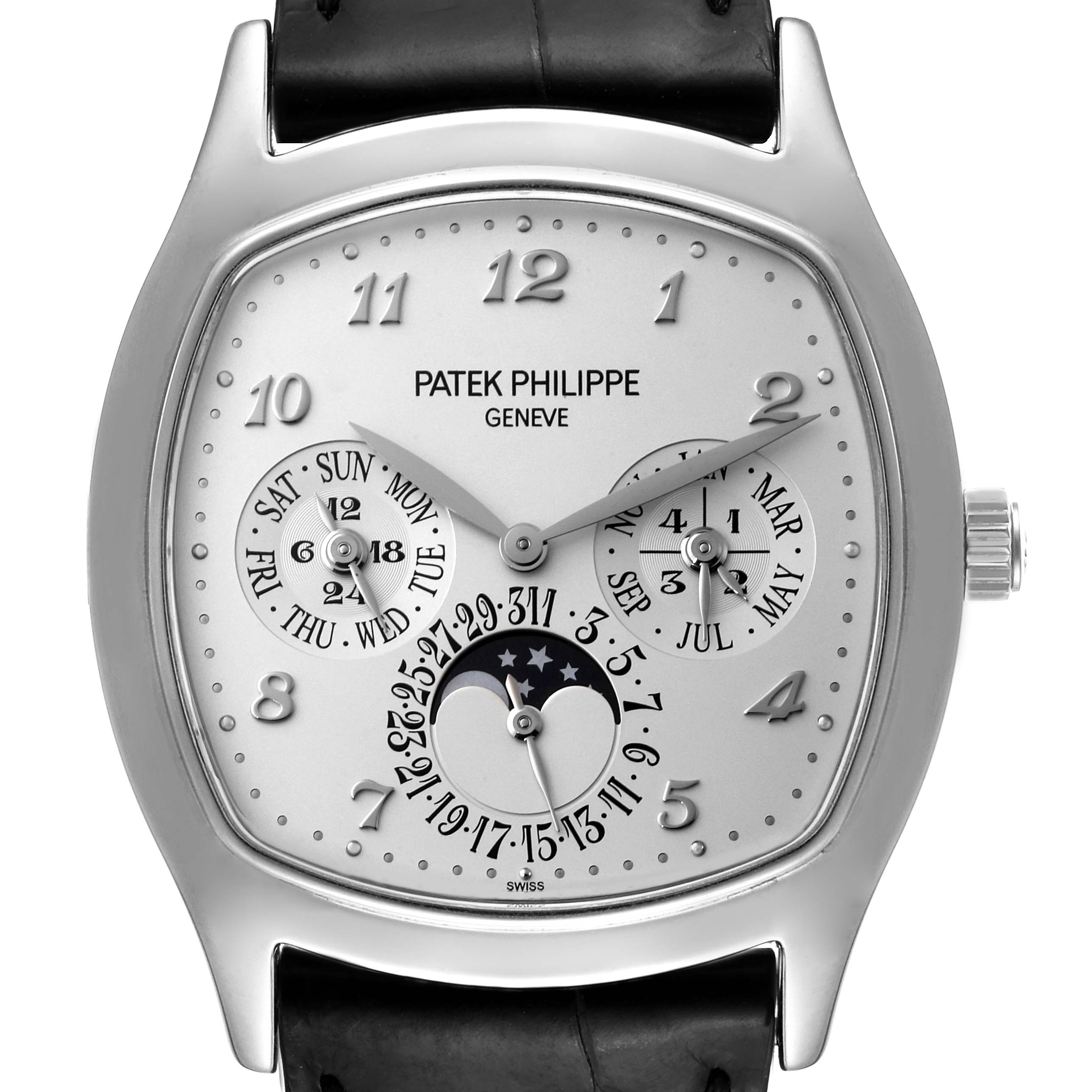 The image shows a front view of the Patek Philippe Complications 5940G - 001 Men's White Gold Silver Dial 5940G - 001 Men's White Gold Silver Dial model watch, showcasing its dial, complications, and leather strap.