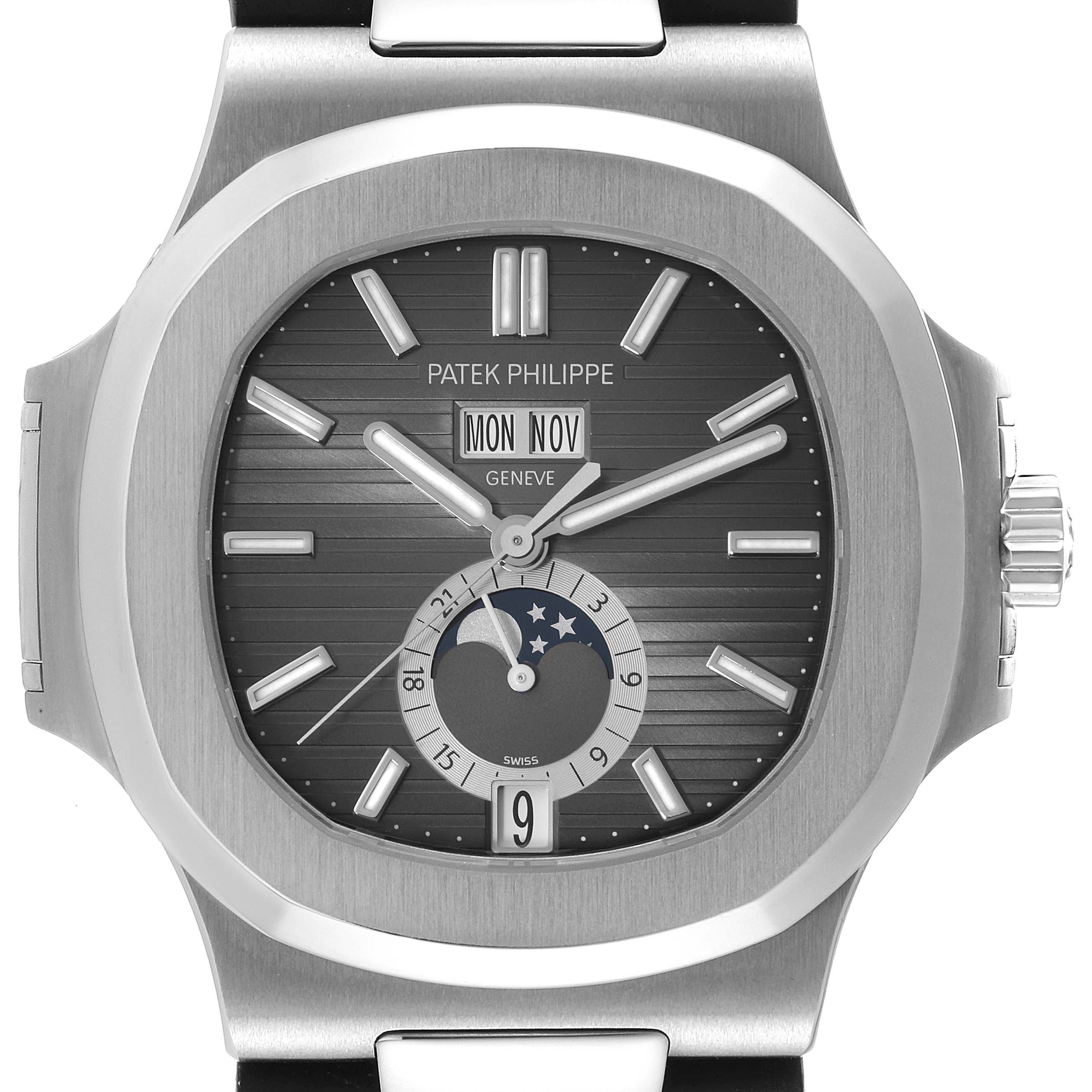 The image shows a front view of the Patek Philippe Nautilus 5726A-001 Men
s Stainless Steel Black Dial 5726A-001 Men
s Stainless Steel Black Dial watch, highlighting its face, hands, dial, and crown.
