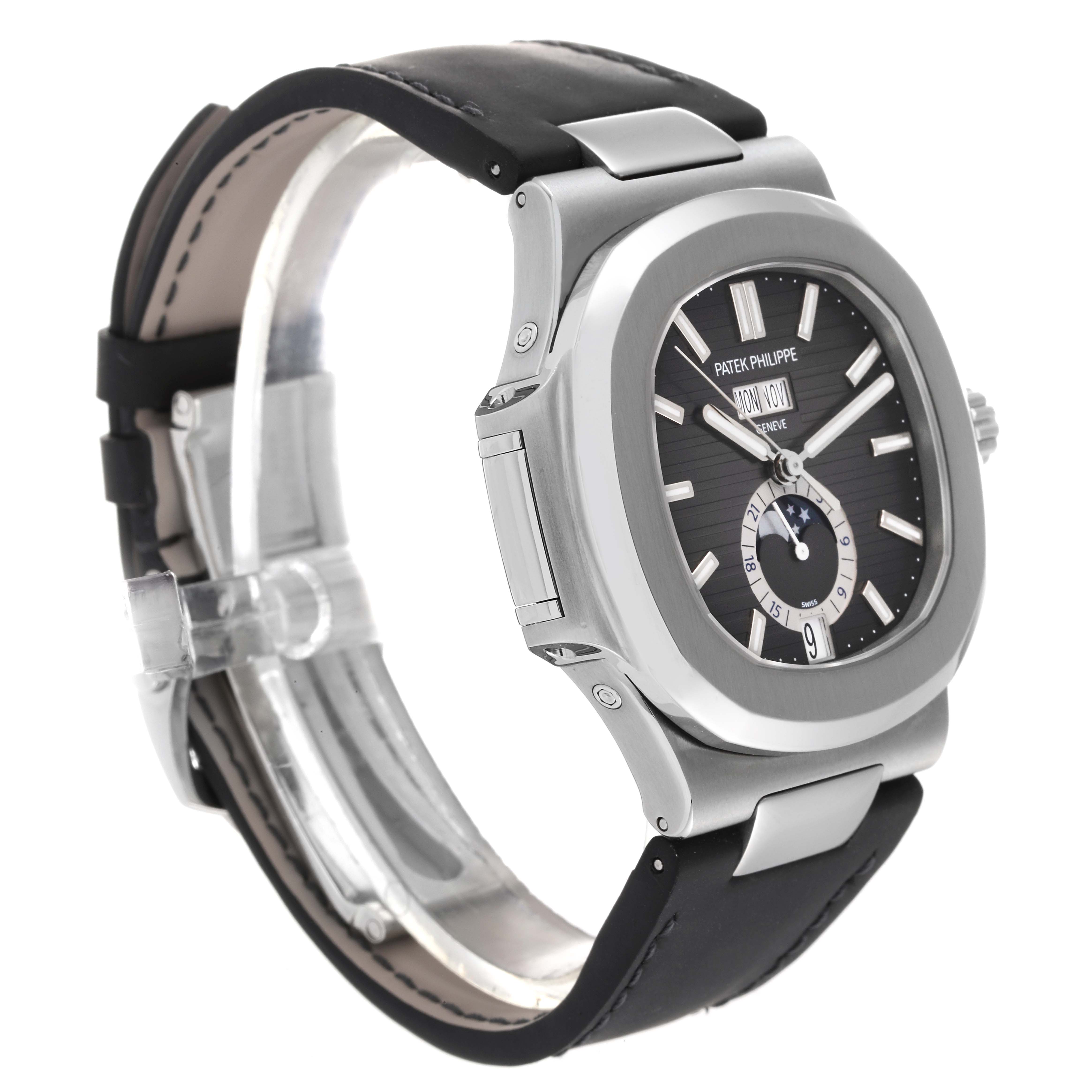 This image shows the Patek Philippe Nautilus 5726A-001 Men
s Stainless Steel Black Dial 5726A-001 Men
s Stainless Steel Black Dial watch at a side angle, highlighting the case, dial, and strap.