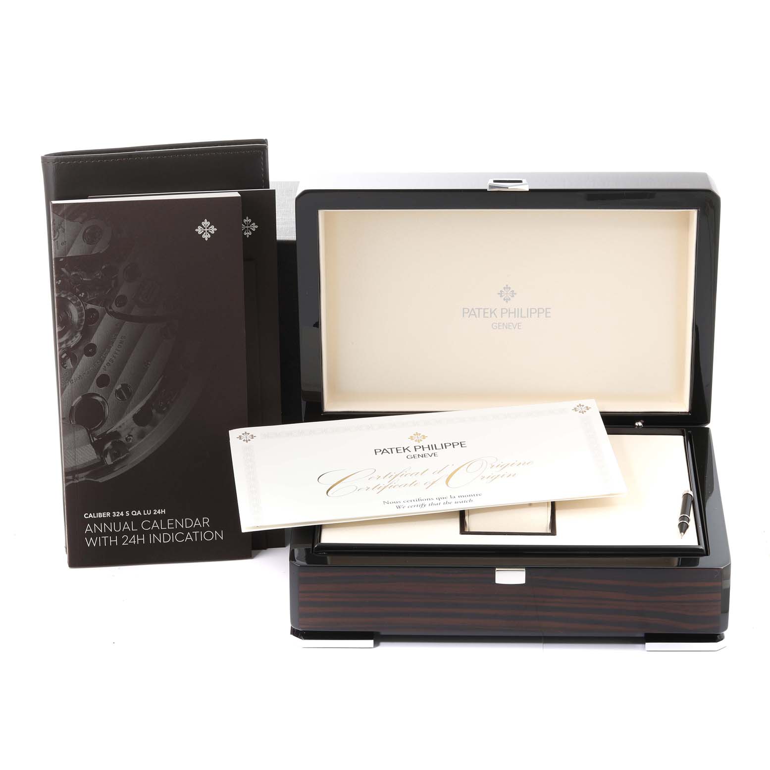 This image shows the packaging, certificate, user manual, and presentation box for a Patek Philippe Nautilus 5726A-001 Men
s Stainless Steel Black Dial 5726A-001 Men
s Stainless Steel Black Dial watch.