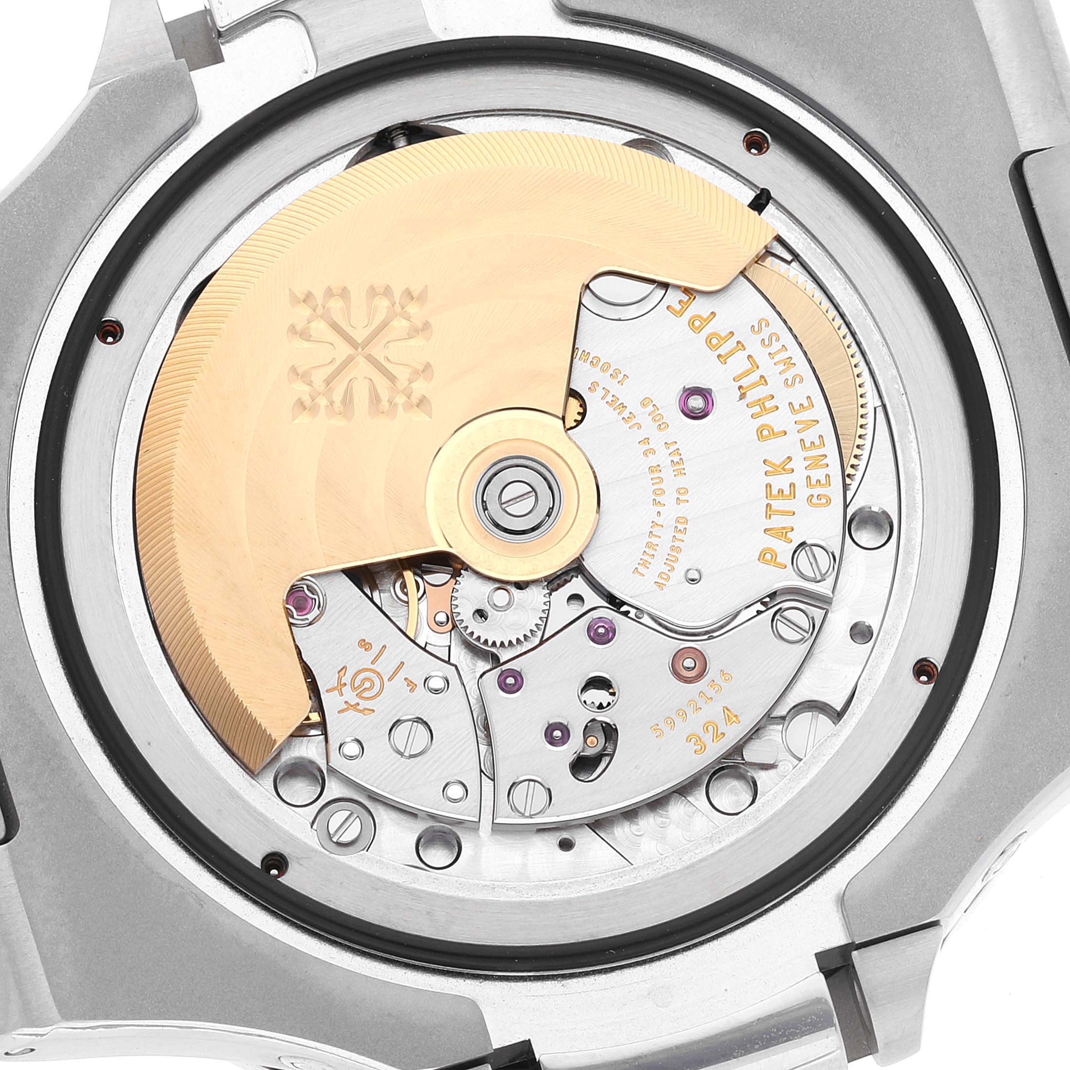 This image shows a close-up of the movement and rotor of a Patek Philippe Nautilus 5726A-001 Men
s Stainless Steel Black Dial 5726A-001 Men
s Stainless Steel Black Dial watch from the back.