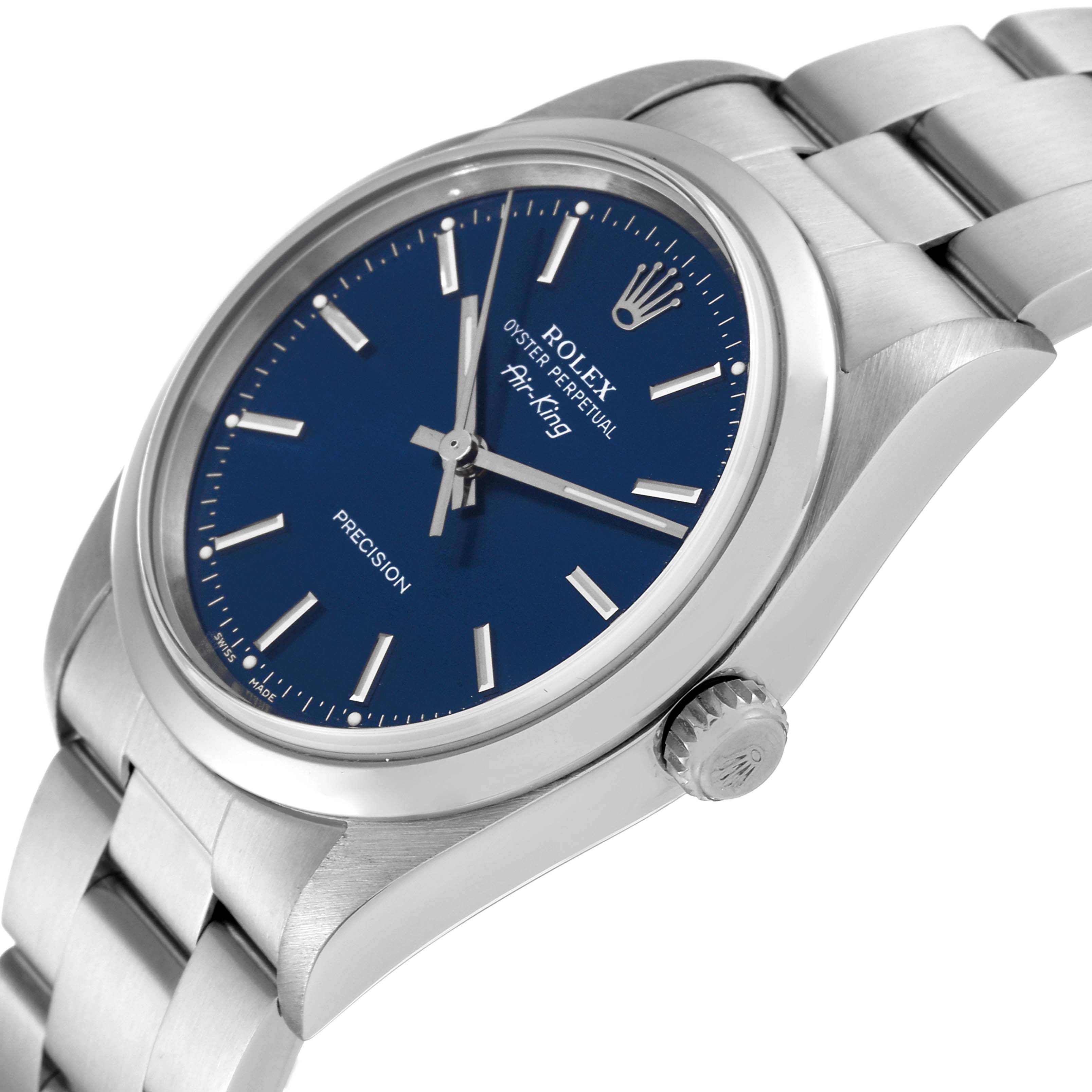 The image shows a Rolex Air-King 14000 Men's Stainless Steel Blue Dial 14000 Men's Stainless Steel Blue Dial watch at an angled side view highlighting its blue dial, silver markers, and metal bracelet.