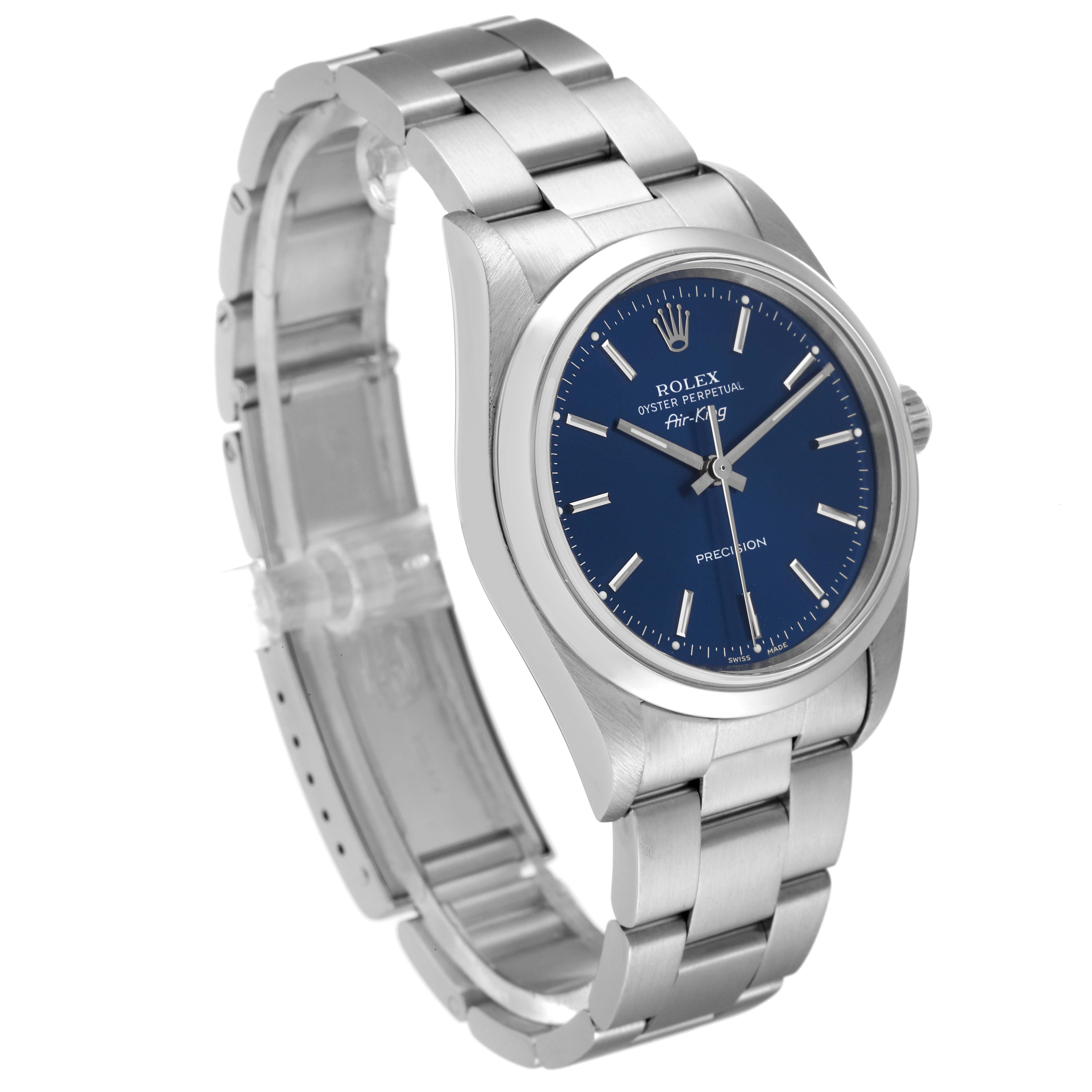 This image shows a Rolex Air-King 14000 Men's Stainless Steel Blue Dial 14000 Men's Stainless Steel Blue Dial watch from a slight angle, highlighting the dial and bracelet.
