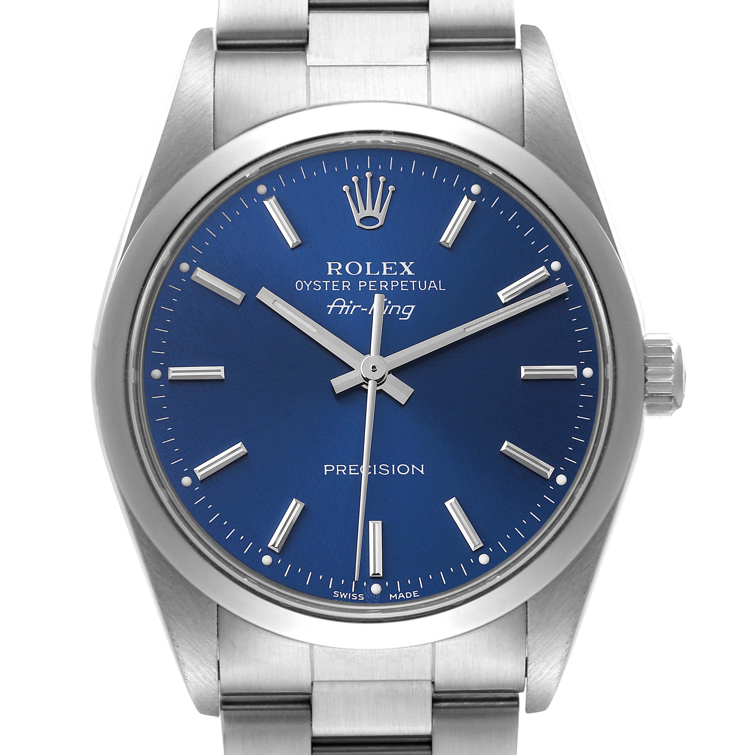 The image shows a frontal view of the Rolex Air-King 14000 Men's Stainless Steel Blue Dial 14000 Men's Stainless Steel Blue Dial watch, highlighting the blue dial, hour markers, hands, and crown.