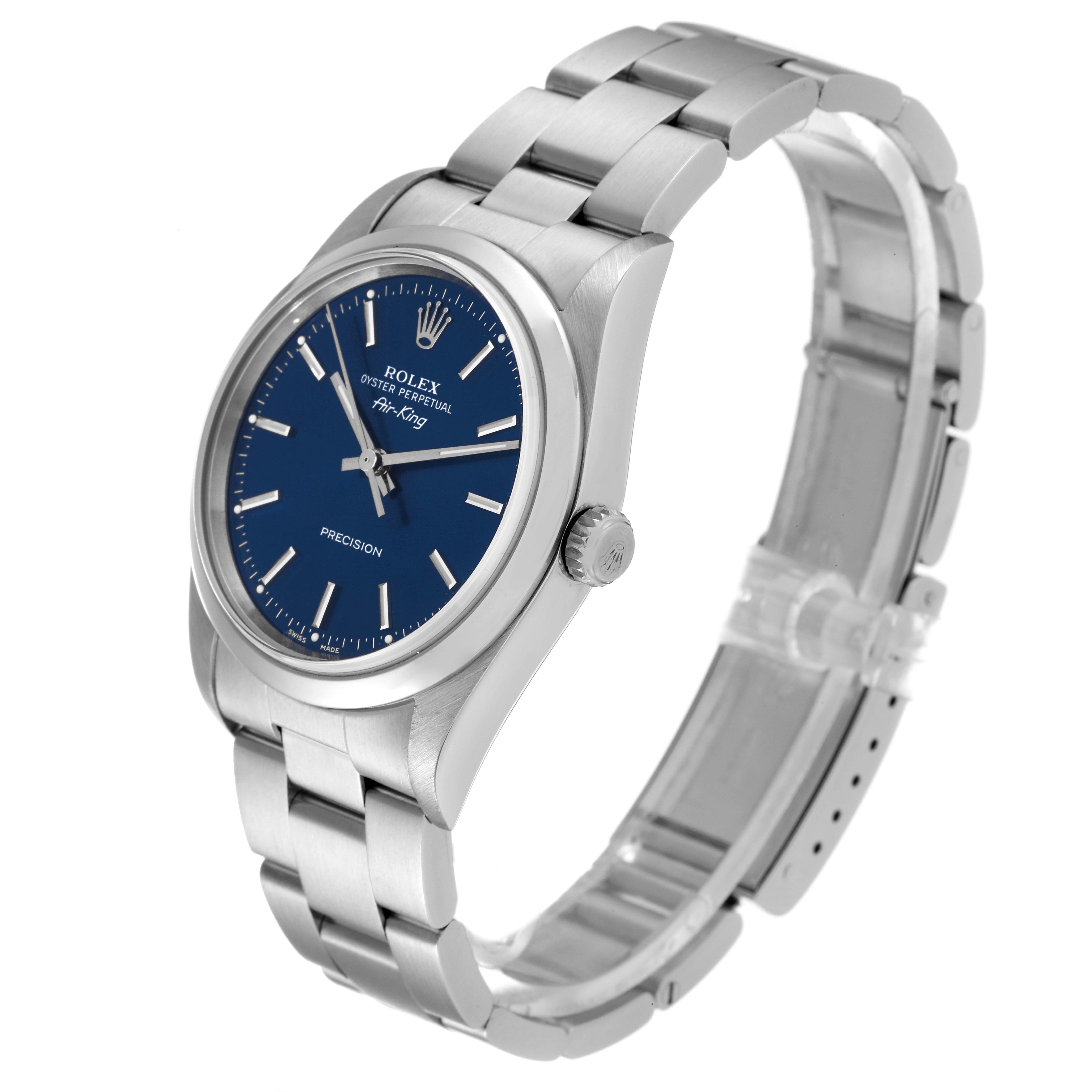 The Rolex Air-King 14000 Men's Stainless Steel Blue Dial 14000 Men's Stainless Steel Blue Dial watch is shown at a slight angle, displaying its face, band, and crown on the right side.