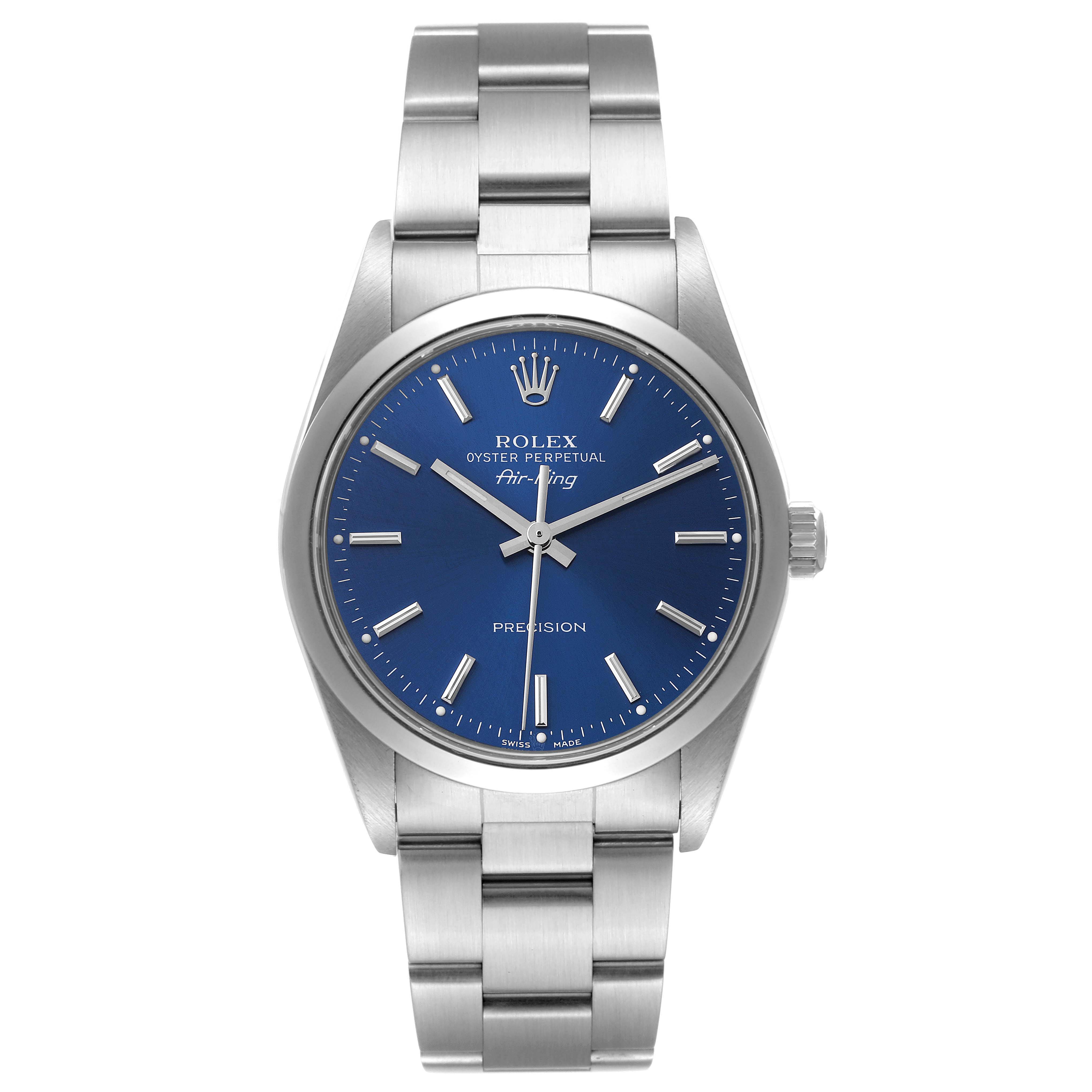 The image shows a front view of a Rolex Air-King 14000 Men's Stainless Steel Blue Dial 14000 Men's Stainless Steel Blue Dial watch, highlighting its blue dial, stainless steel case, and bracelet.