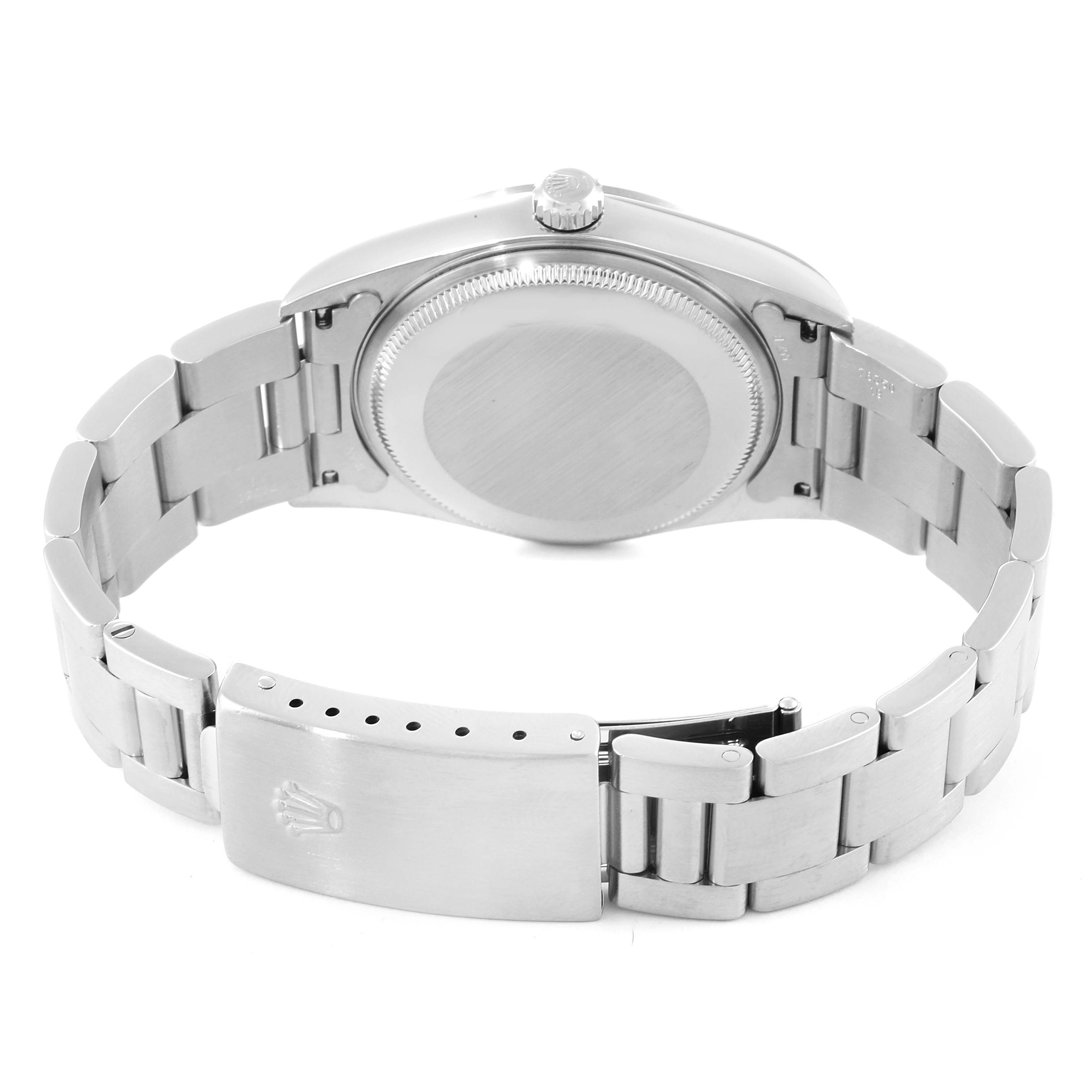 The image shows the back view of the Rolex Air-King 14000 Men's Stainless Steel Blue Dial 14000 Men's Stainless Steel Blue Dial watch, highlighting its case back, bracelet links, and clasp.