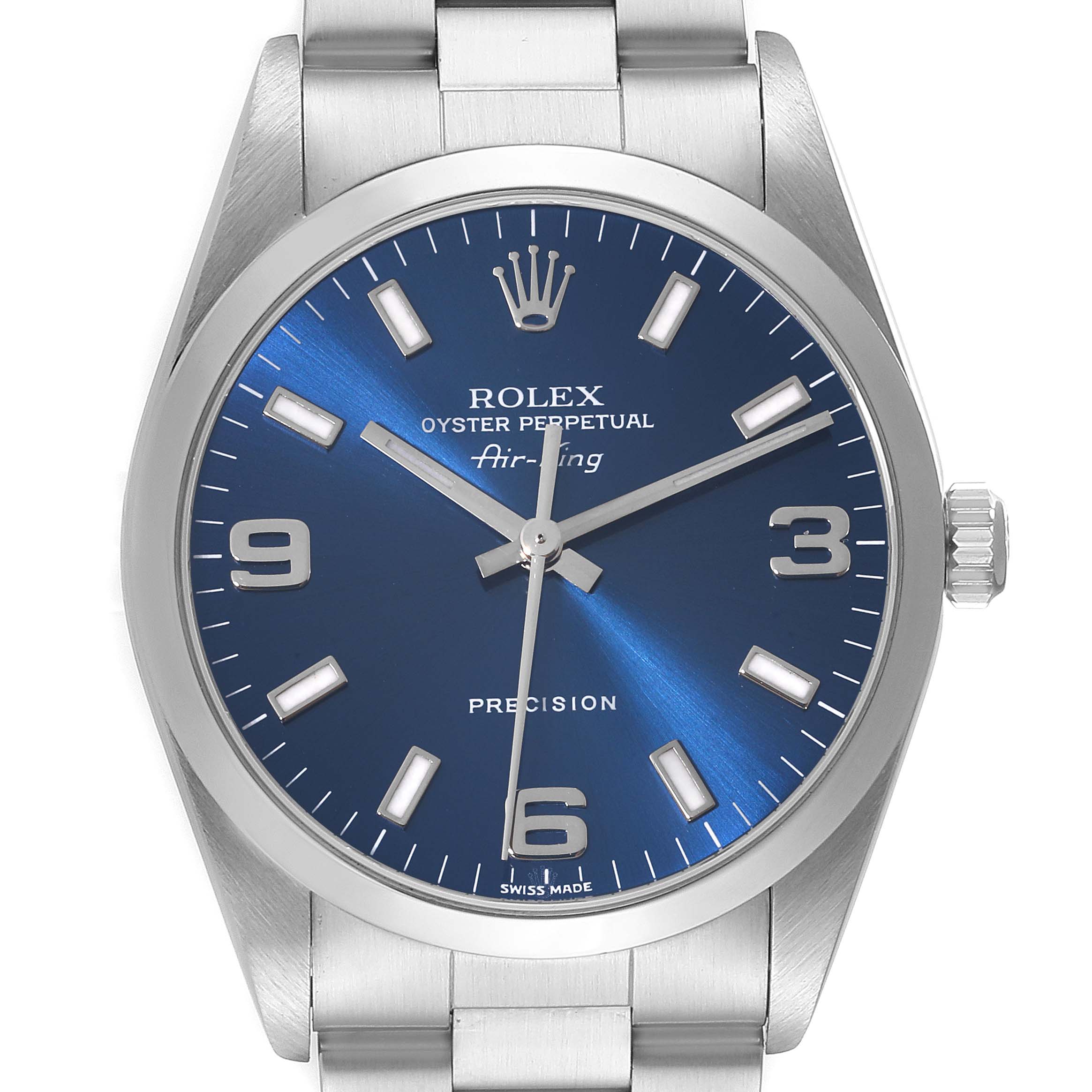 This image shows a frontal view of the Rolex Air-King 14000 Men's Stainless Steel Blue Dial 14000 Men's Stainless Steel Blue Dial watch, displaying the dial, crown, and part of the bracelet.
