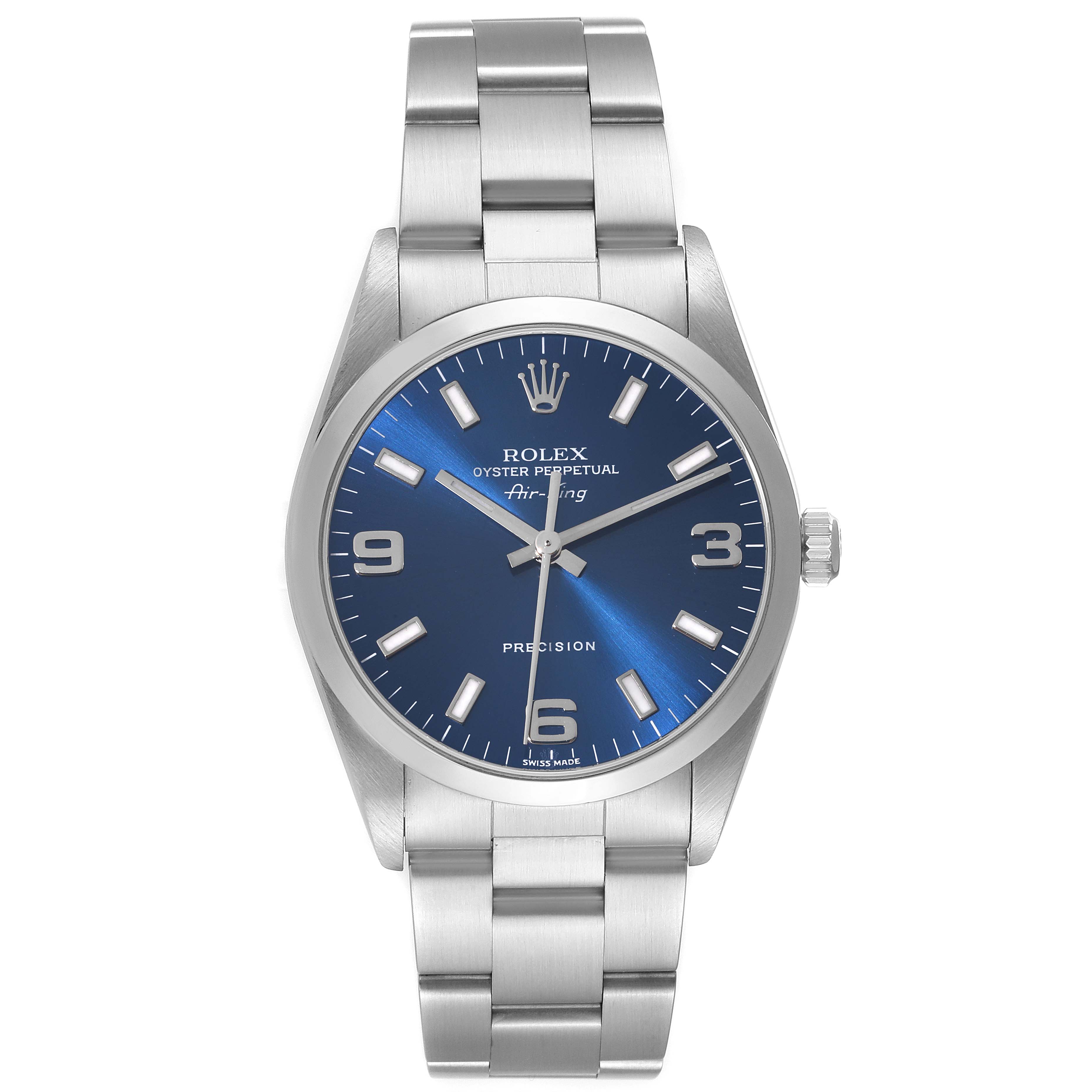 The image shows a front view of the Rolex Air-King 14000 Men's Stainless Steel Blue Dial 14000 Men's Stainless Steel Blue Dial watch, displaying the dial, hands, crown, and bracelet.