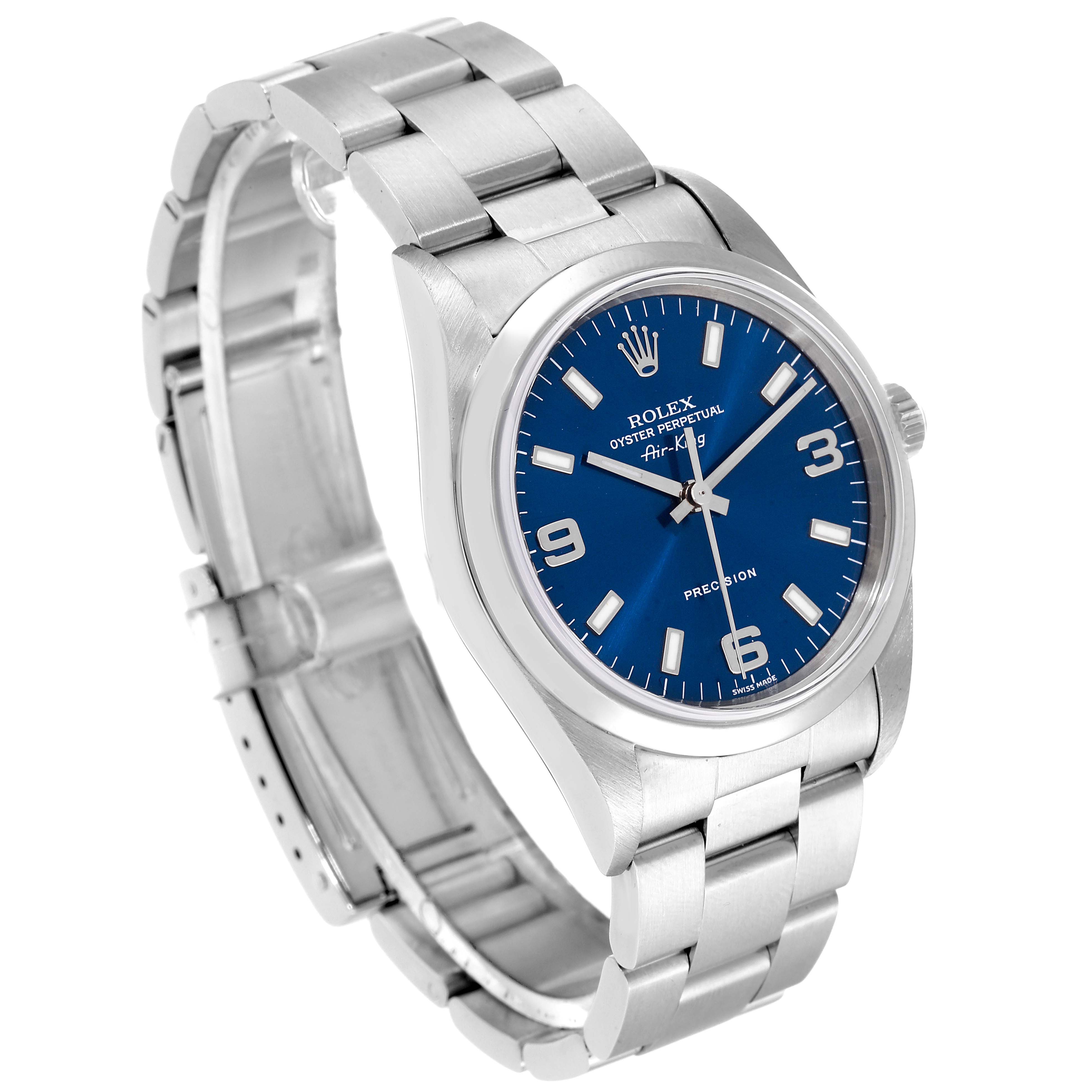 The image shows a Rolex Air-King 14000 Men's Stainless Steel Blue Dial 14000 Men's Stainless Steel Blue Dial watch angled to display its blue dial, stainless steel case, and bracelet clasp.