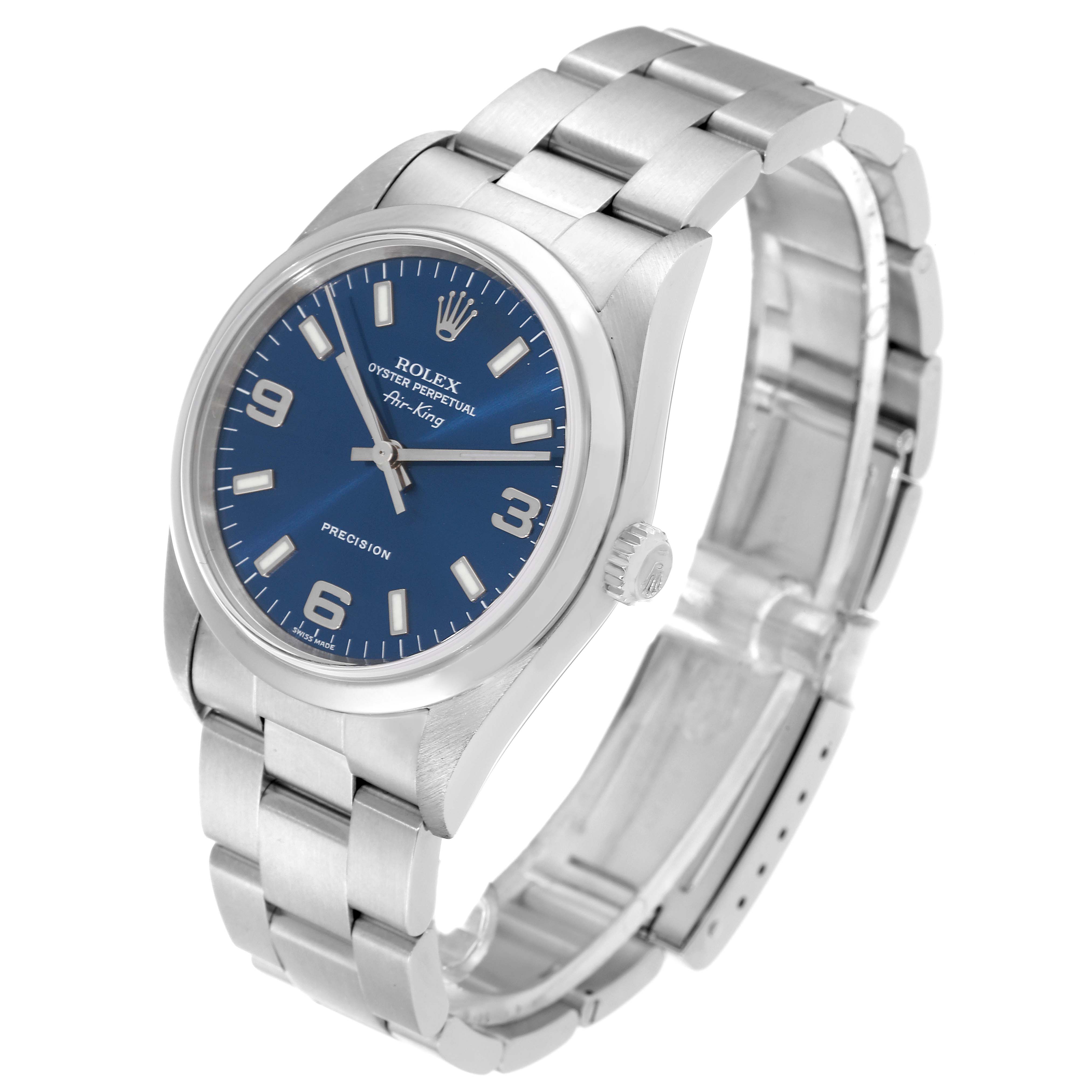 The image shows a Rolex Air-King 14000 Men's Stainless Steel Blue Dial 14000 Men's Stainless Steel Blue Dial watch at a 3/4 angle, displaying its blue dial, stainless steel case, and bracelet.
