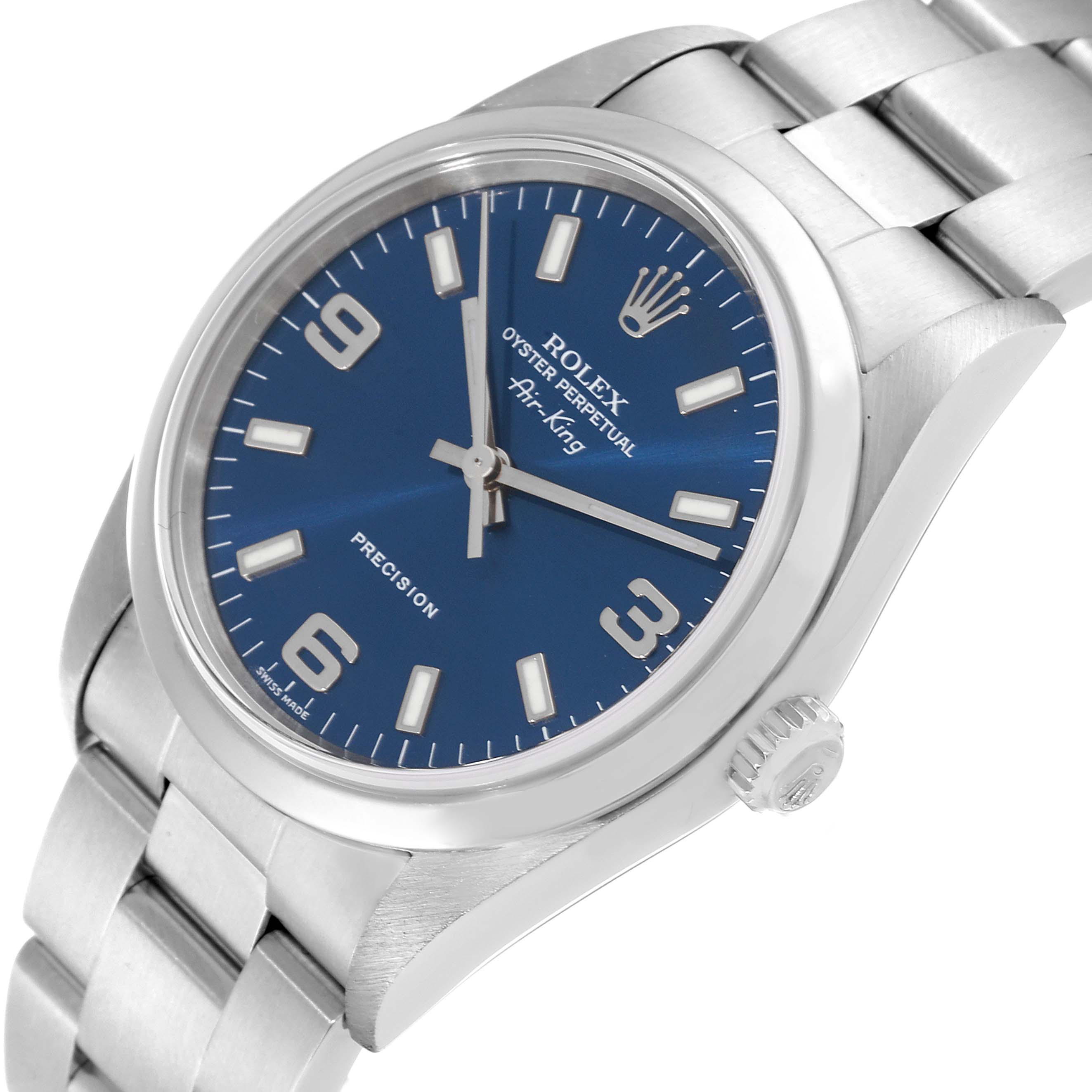 The image shows a close-up angle of a Rolex Air-King 14000 Men's Stainless Steel Blue Dial 14000 Men's Stainless Steel Blue Dial watch, highlighting its blue dial, crown, and stainless steel bracelet.
