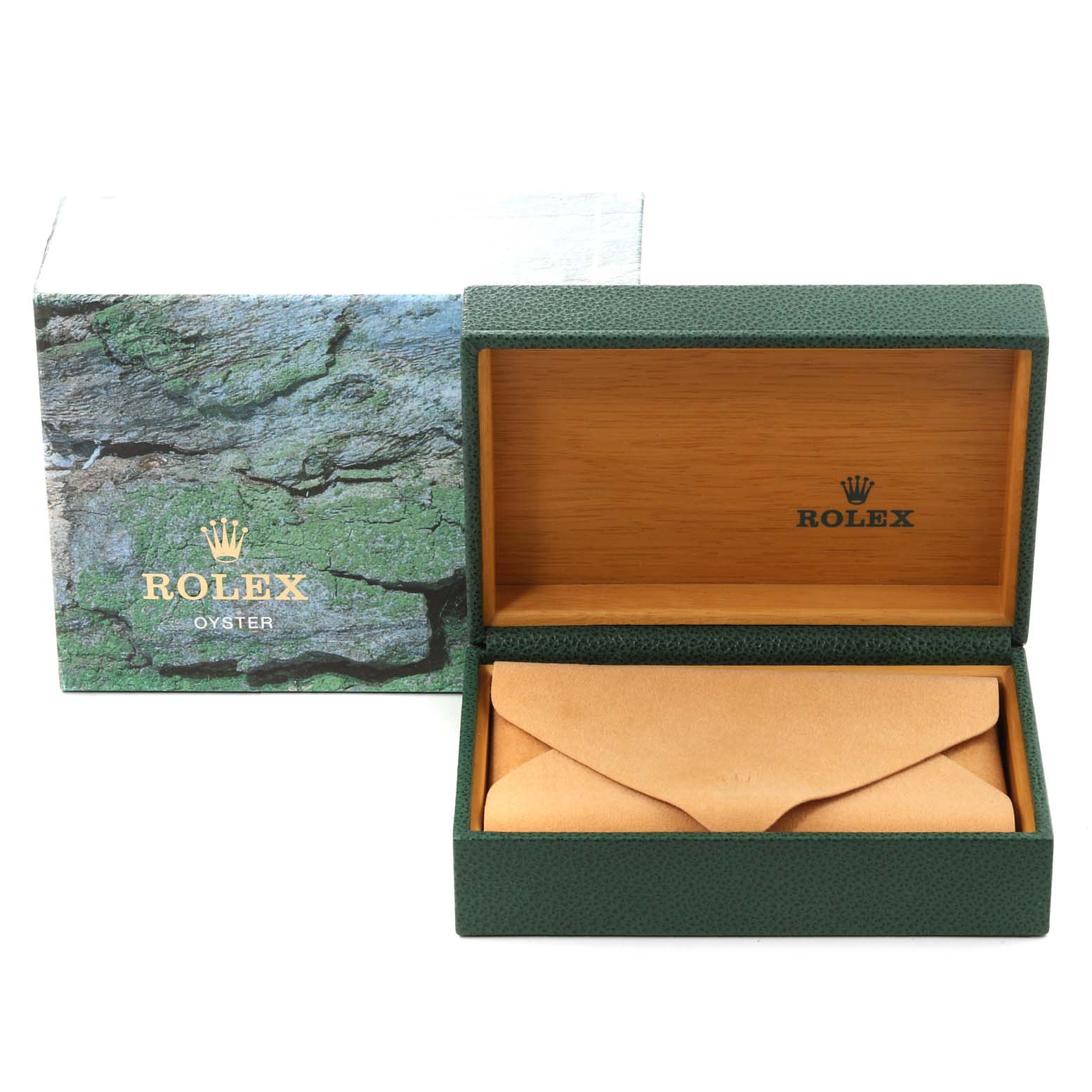 The image shows the open box and packaging for a Rolex Air-King 14000 Men's Stainless Steel Blue Dial 14000 Men's Stainless Steel Blue Dial watch, highlighting the green and brown watch box and outer box with the Rolex logo.