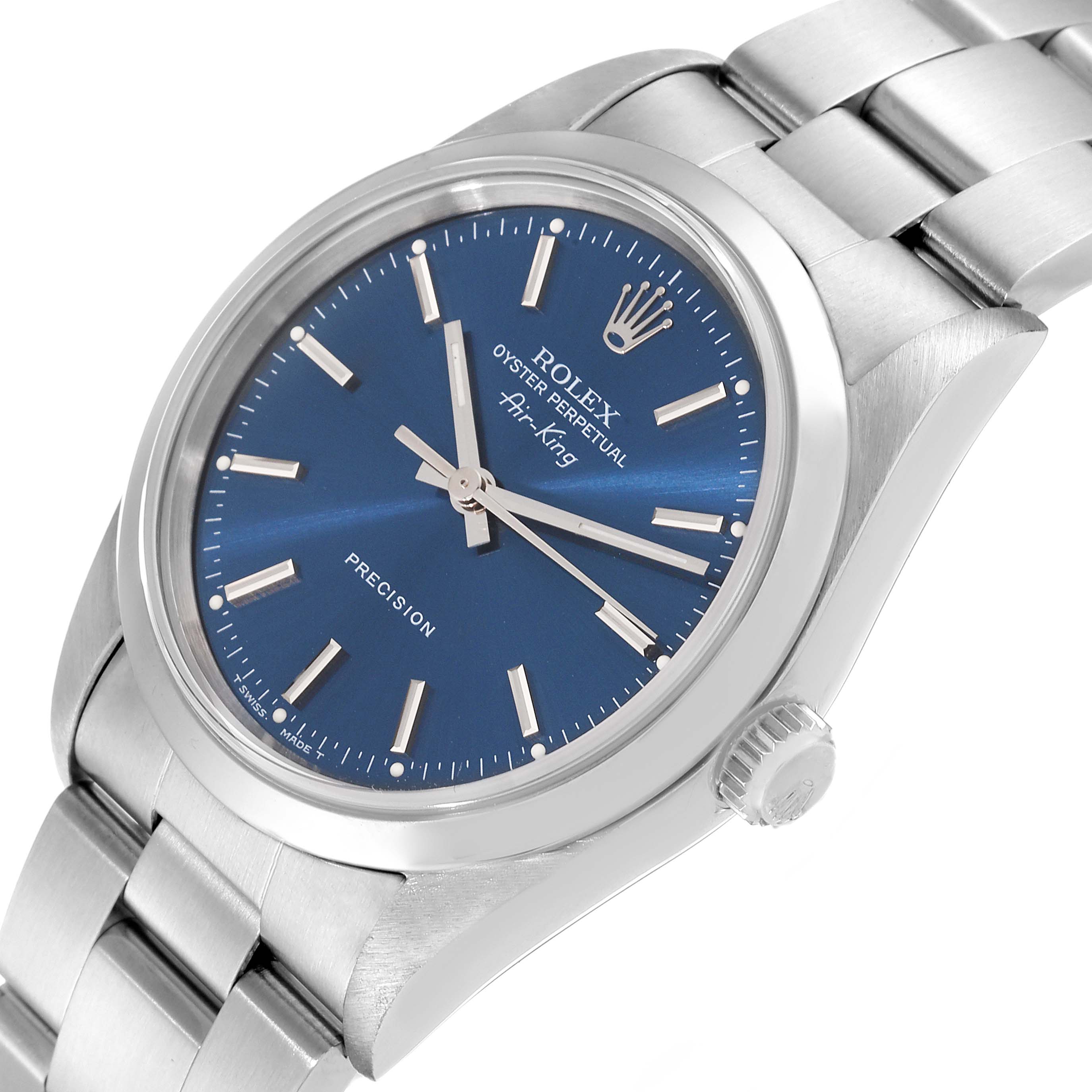 This Rolex Air-King 14000 Men's Stainless Steel Blue Dial 14000 Men's Stainless Steel Blue Dial watch is shown at a slight angle, revealing its blue dial, crown, and stainless steel band.