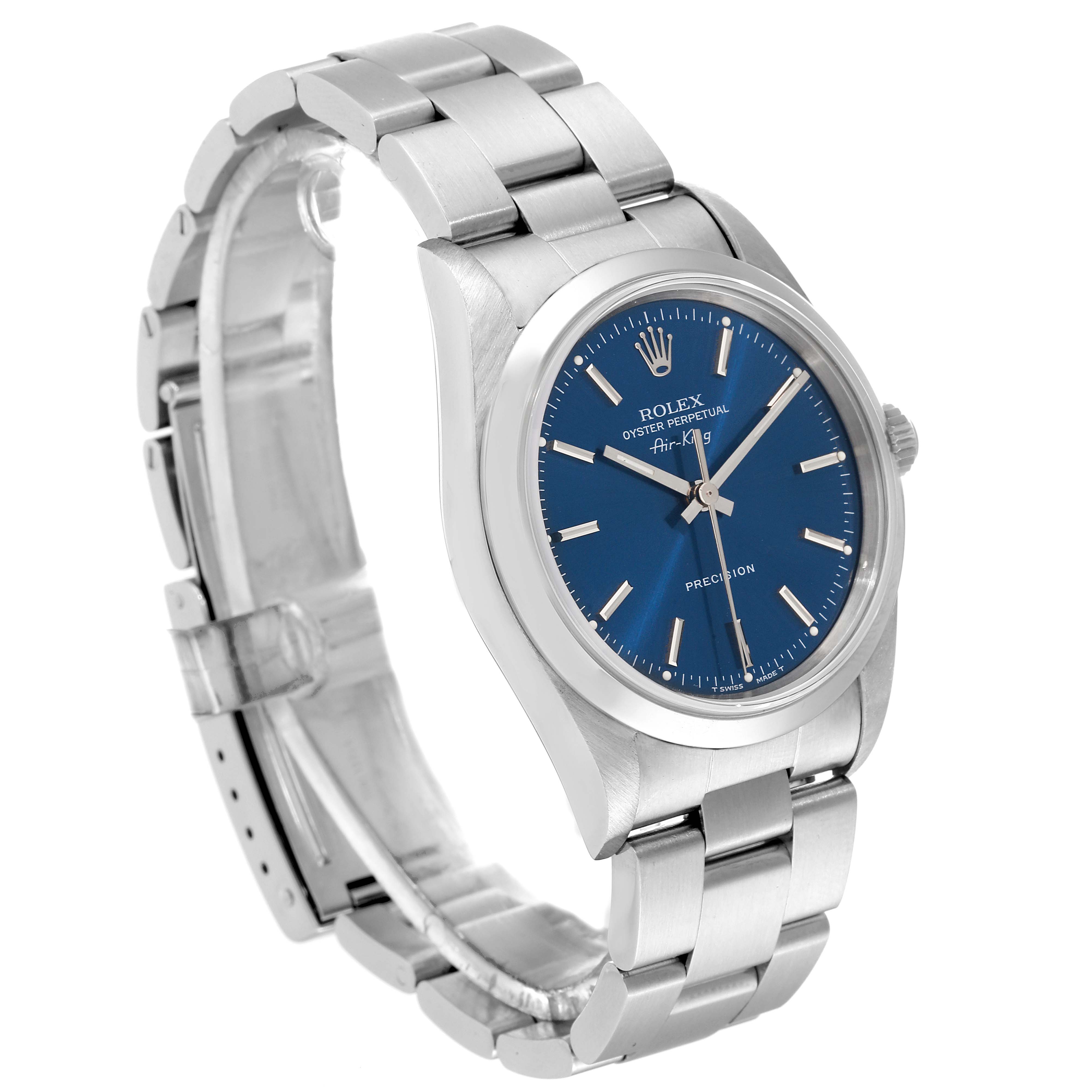 The Rolex Air-King 14000 Men's Stainless Steel Blue Dial 14000 Men's Stainless Steel Blue Dial watch is shown at a slight angle, highlighting its blue dial, stainless steel bracelet, and clasp.