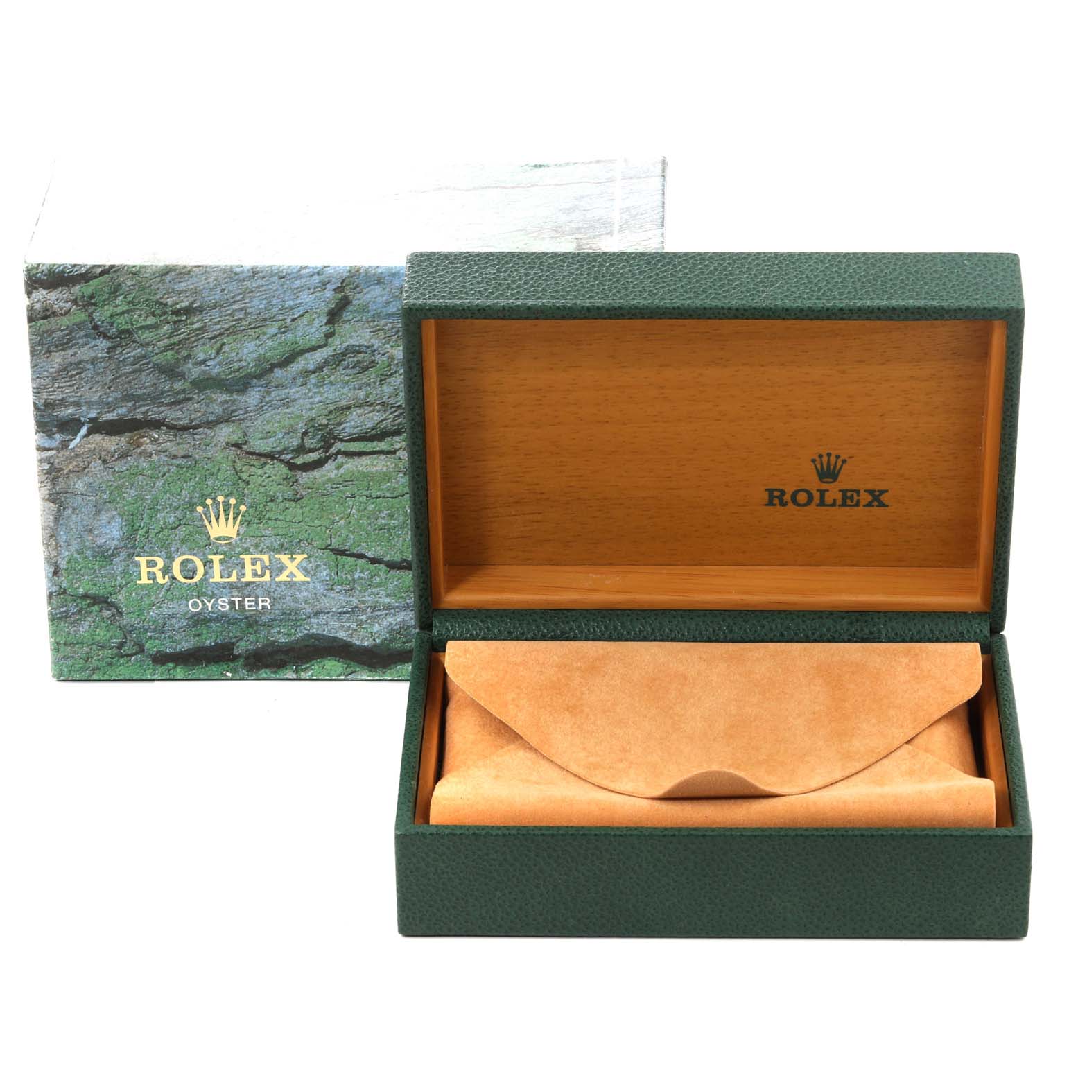 The image shows the packaging for a Rolex Air-King 14000 Men's Stainless Steel Blue Dial 14000 Men's Stainless Steel Blue Dial watch, including an open green watch box revealing a leather pouch inside.