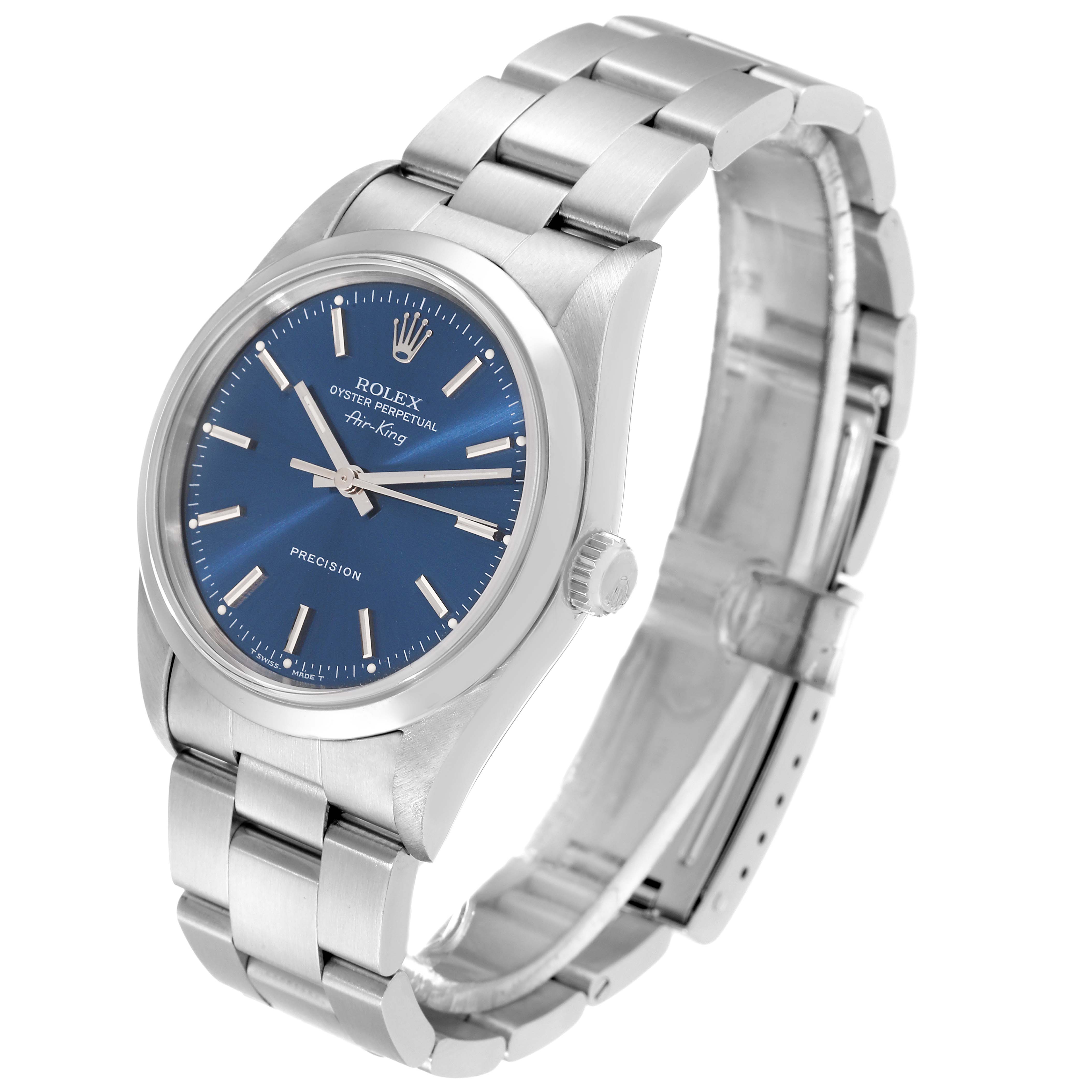 The image shows a Rolex Air-King 14000 Men's Stainless Steel Blue Dial 14000 Men's Stainless Steel Blue Dial watch at a three-quarter angle, highlighting the face, bezel, bracelet, and clasp.