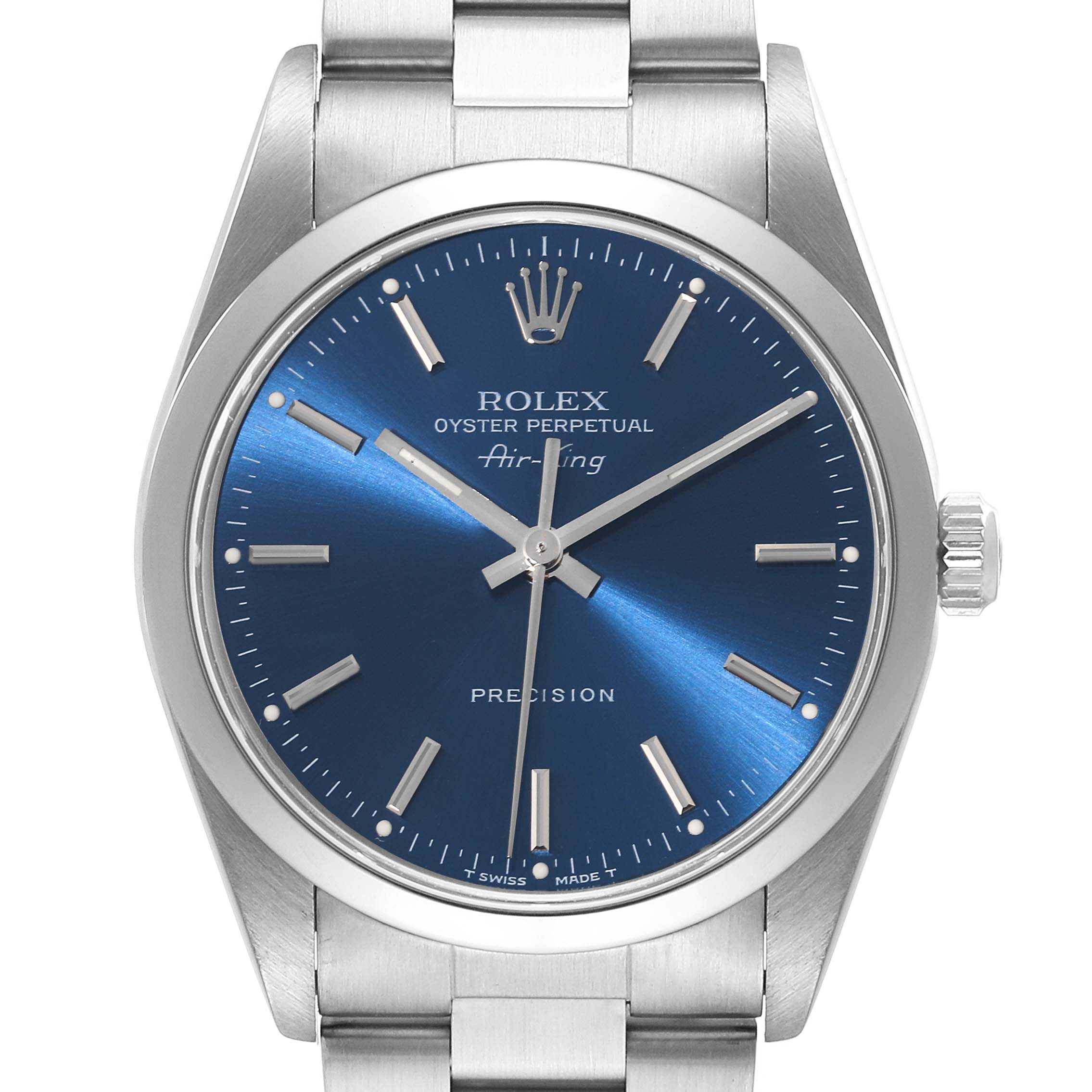 This is a front view of a Rolex Air-King 14000 Men's Stainless Steel Blue Dial 14000 Men's Stainless Steel Blue Dial watch, showcasing the dial, hands, crown, and part of the bracelet.