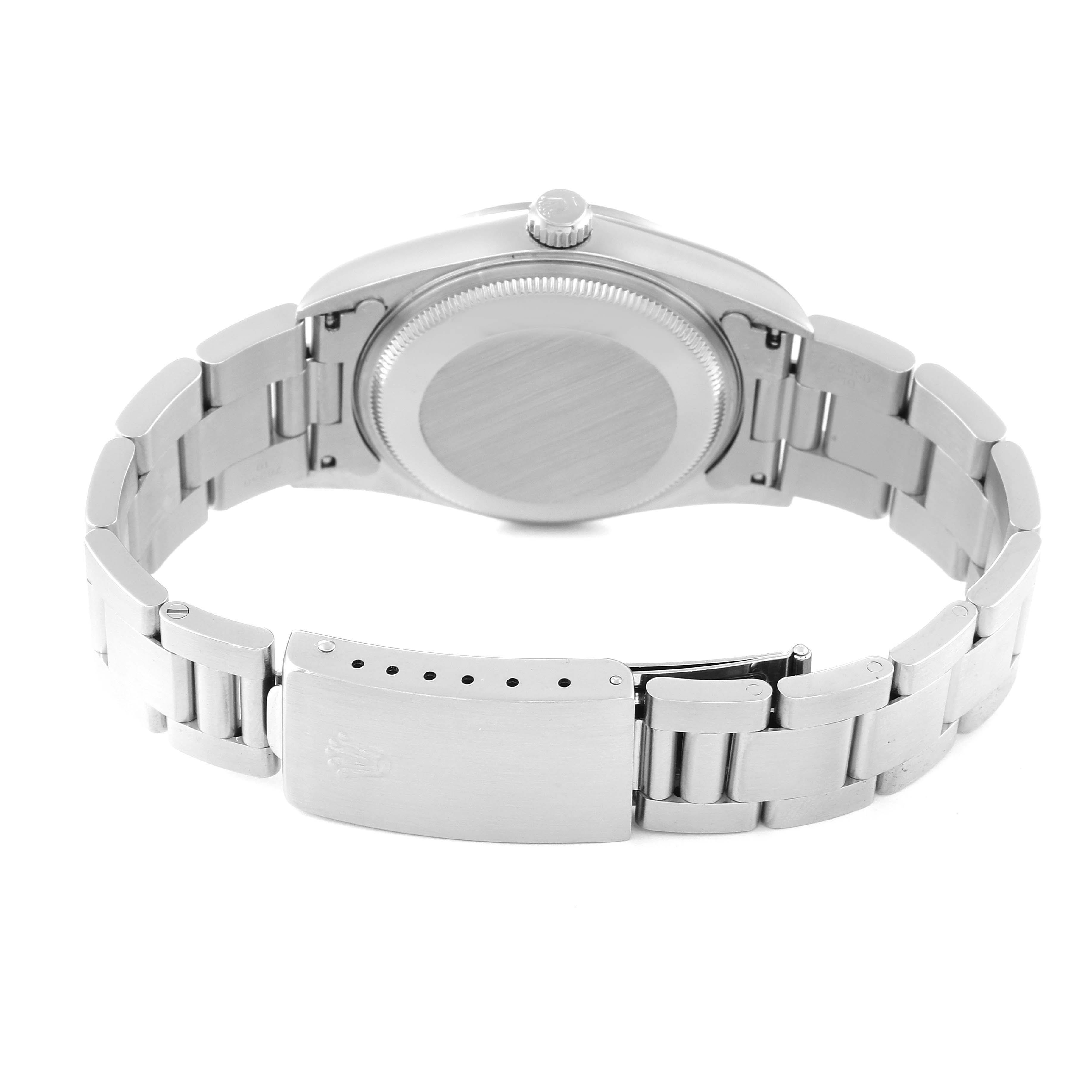 This image shows the back view of a Rolex Air-King 14000 Men's Stainless Steel Blue Dial 14000 Men's Stainless Steel Blue Dial watch, highlighting its bracelet and clasp.