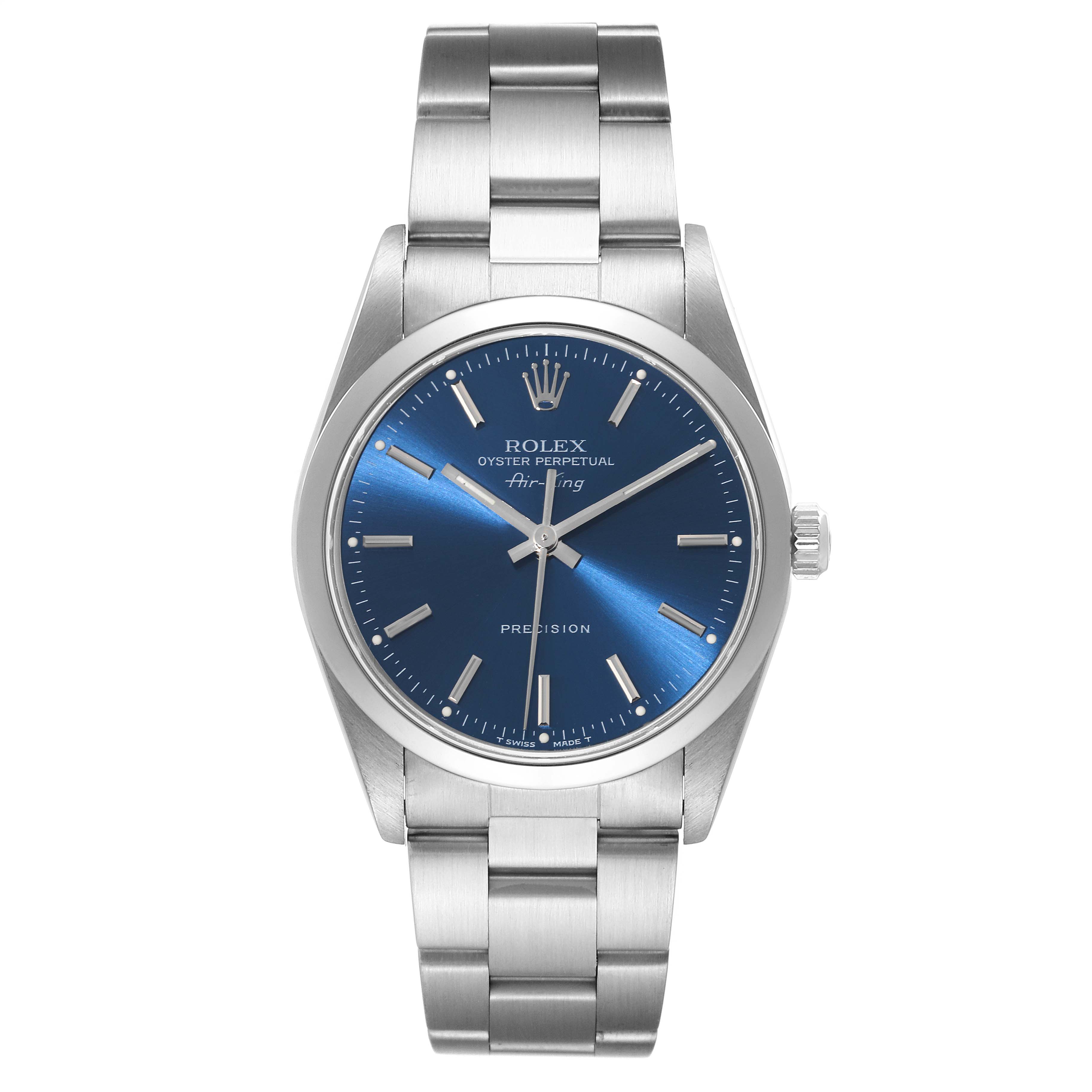 This image shows a front view of the Rolex Air-King 14000 Men's Stainless Steel Blue Dial 14000 Men's Stainless Steel Blue Dial watch, featuring its dial, case, and bracelet.