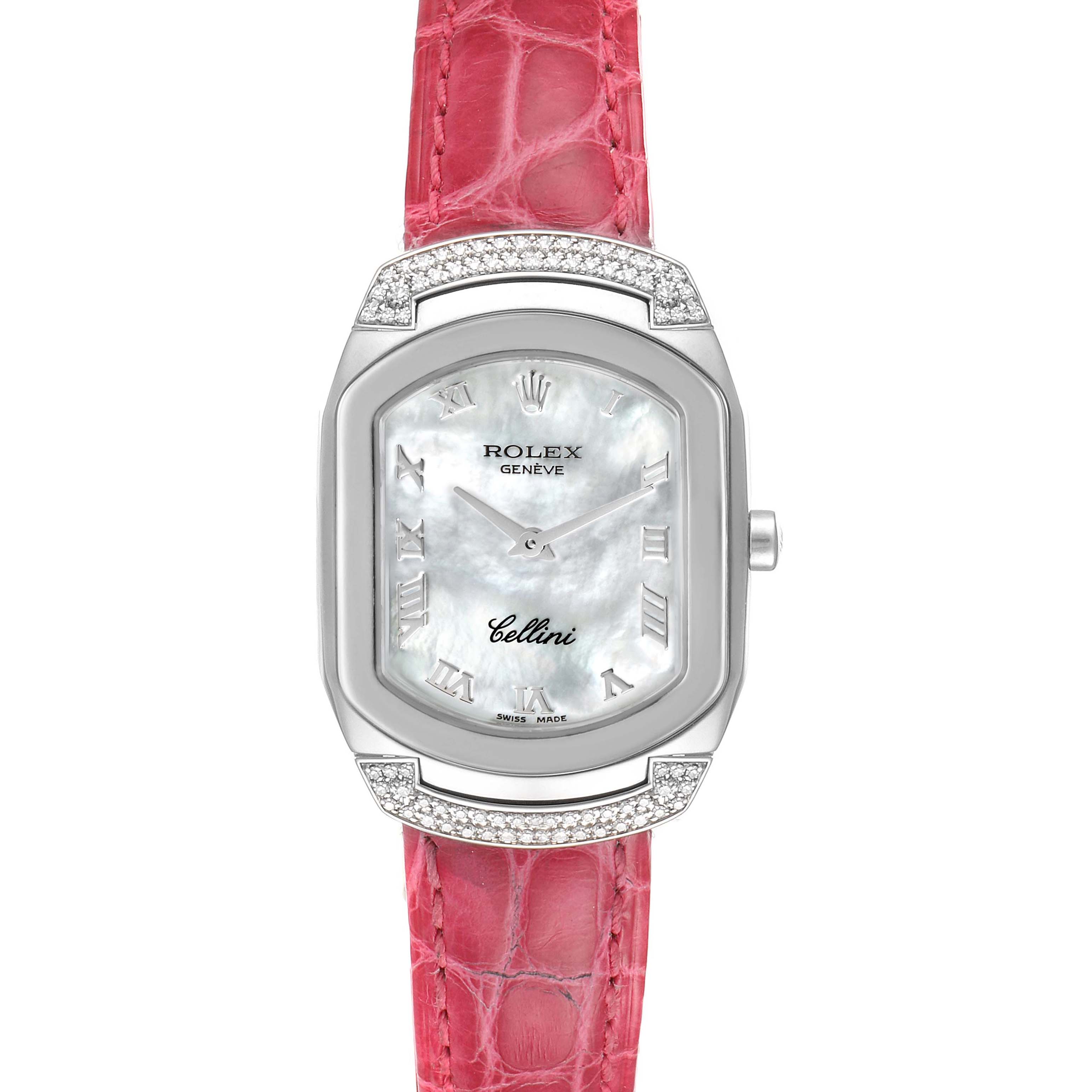 This image shows a Rolex Cellini 6692 Women's White Gold Mother of Pearl Dial 6692 Women's White Gold Mother of Pearl Dial watch from a straight-on angle, displaying its face, bezel, and part of a red strap.