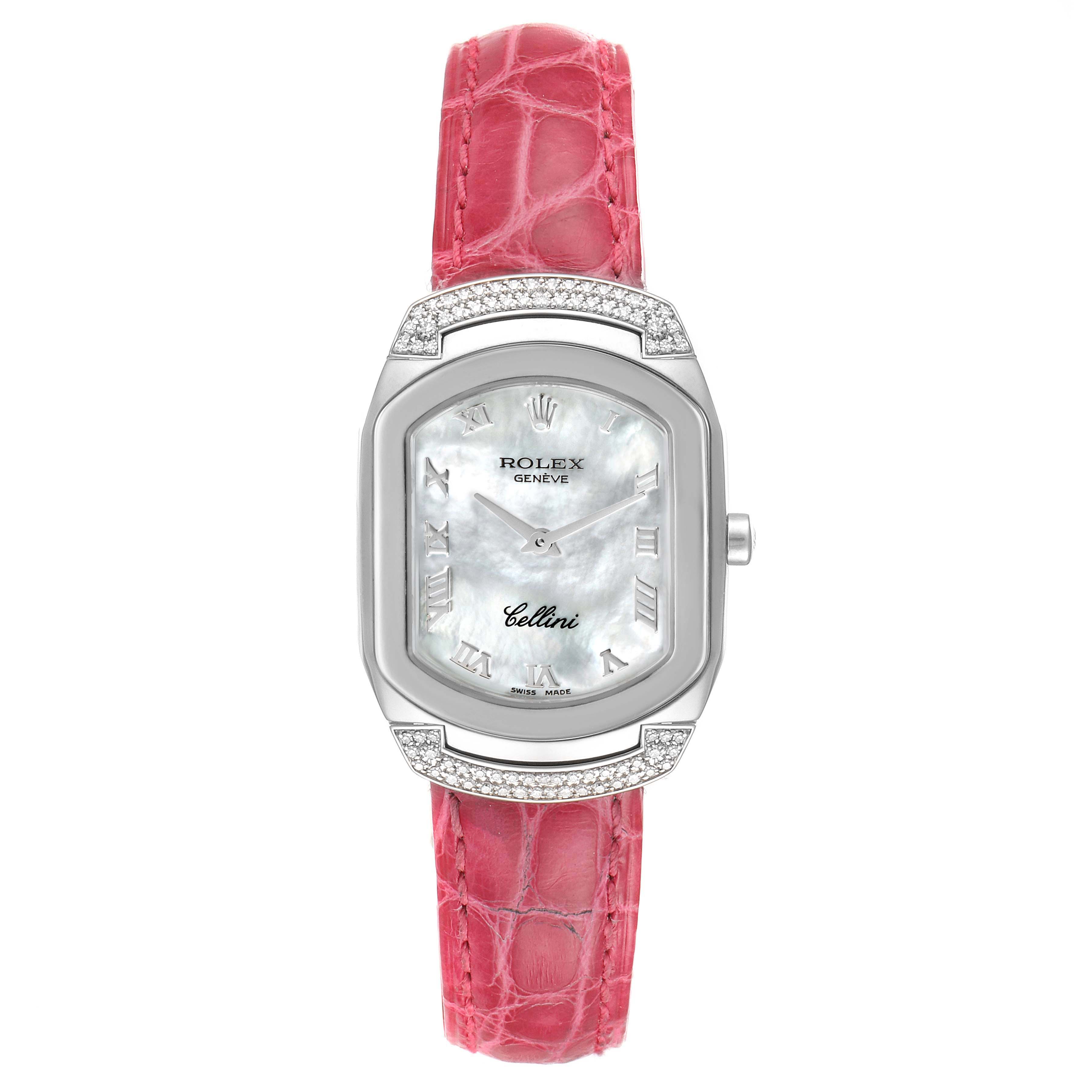 The Rolex Cellini 6692 Women's White Gold Mother of Pearl Dial 6692 Women's White Gold Mother of Pearl Dial watch is shown from a front angle, highlighting its face, bezel, and pink strap.