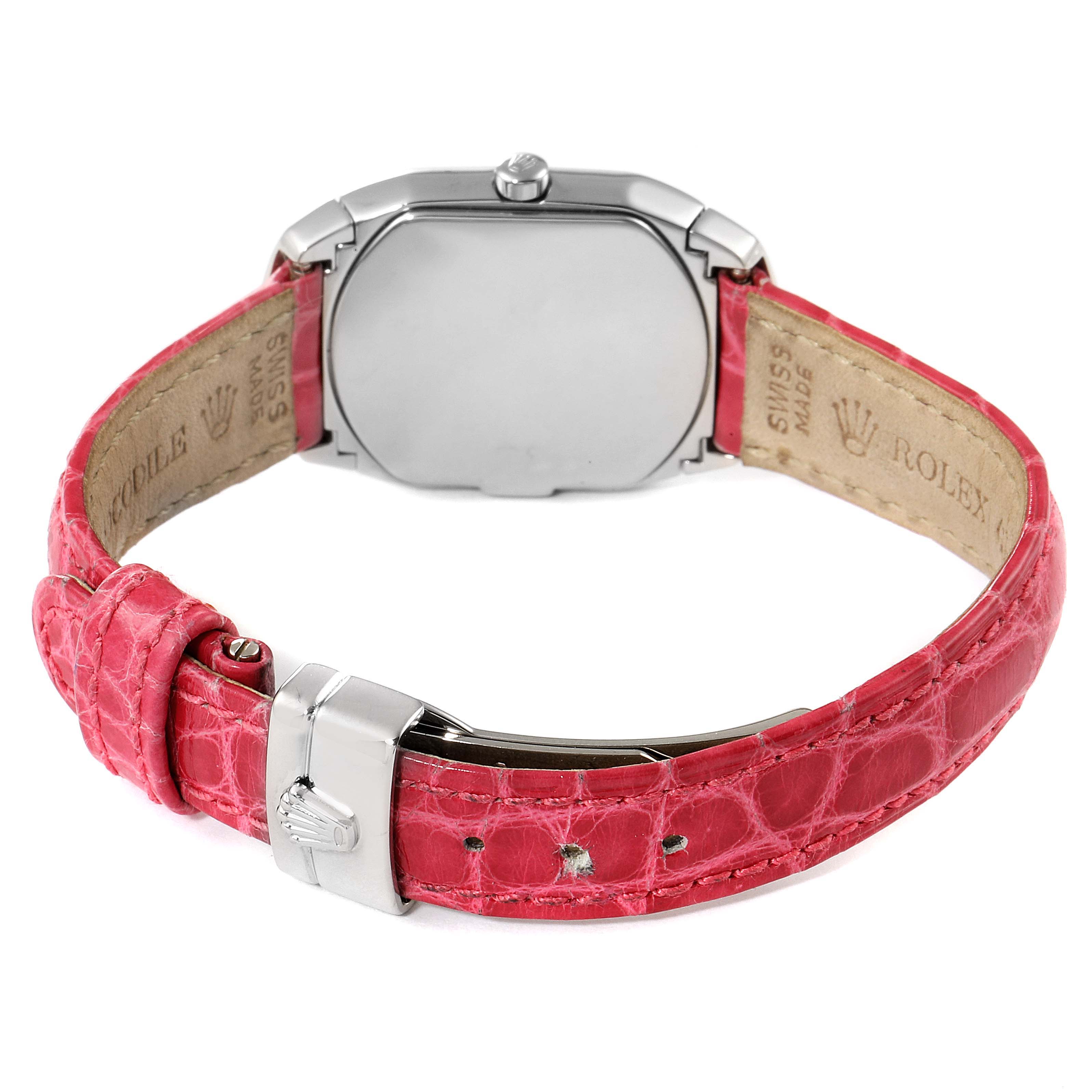 The image shows the back view of a Rolex Cellini 6692 Women's White Gold Mother of Pearl Dial 6692 Women's White Gold Mother of Pearl Dial watch with a red leather strap and silver clasp.