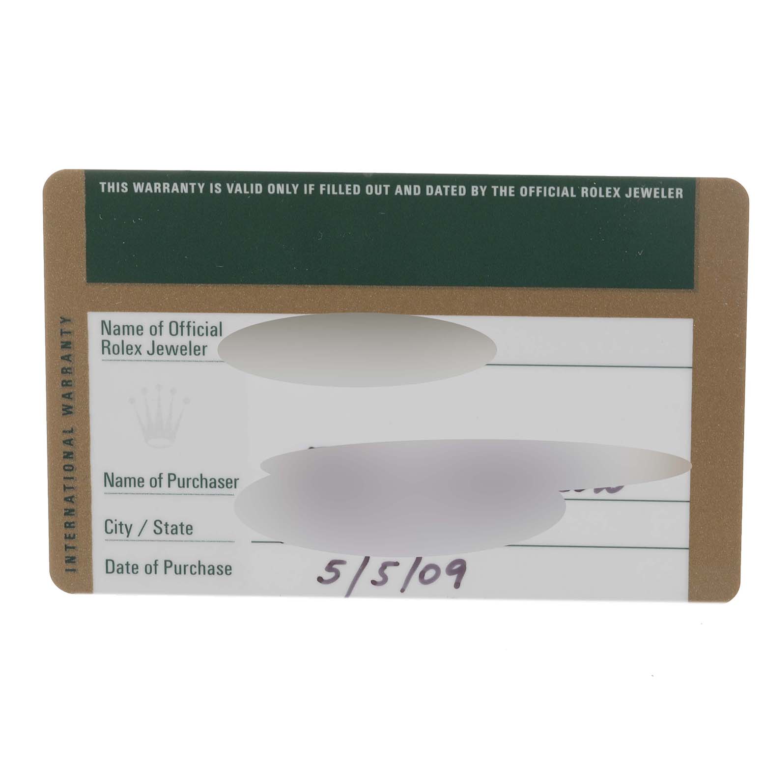 This image shows an International Warranty card for a Rolex Cellini 5116 Men's Yellow Gold Grey Dial 5116 Men's Yellow Gold Grey Dial watch from a top-down angle.