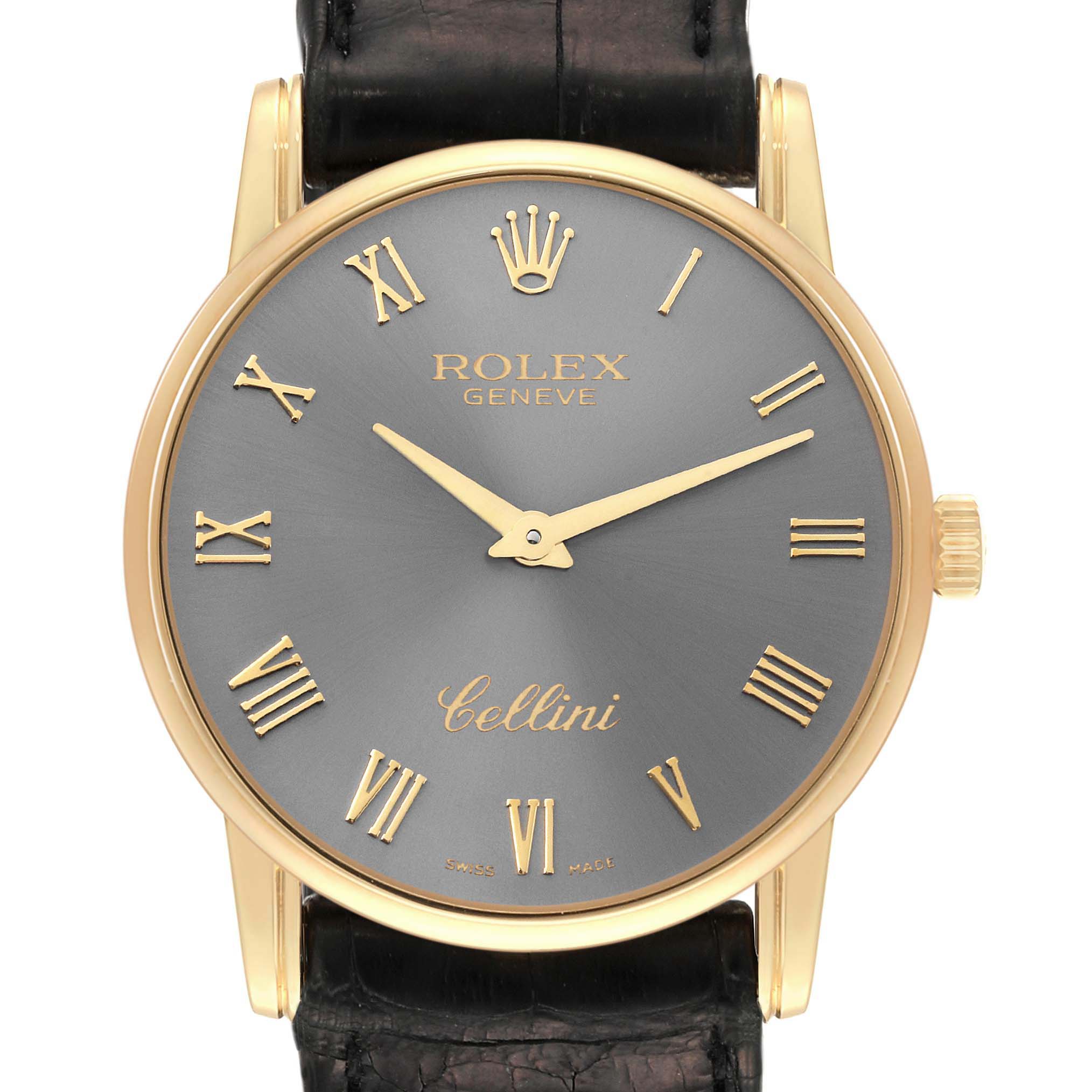 The image shows the front view of a Rolex Cellini 5116 Men's Yellow Gold Grey Dial 5116 Men's Yellow Gold Grey Dial watch, highlighting its dial, hands, Roman numerals, and crown.
