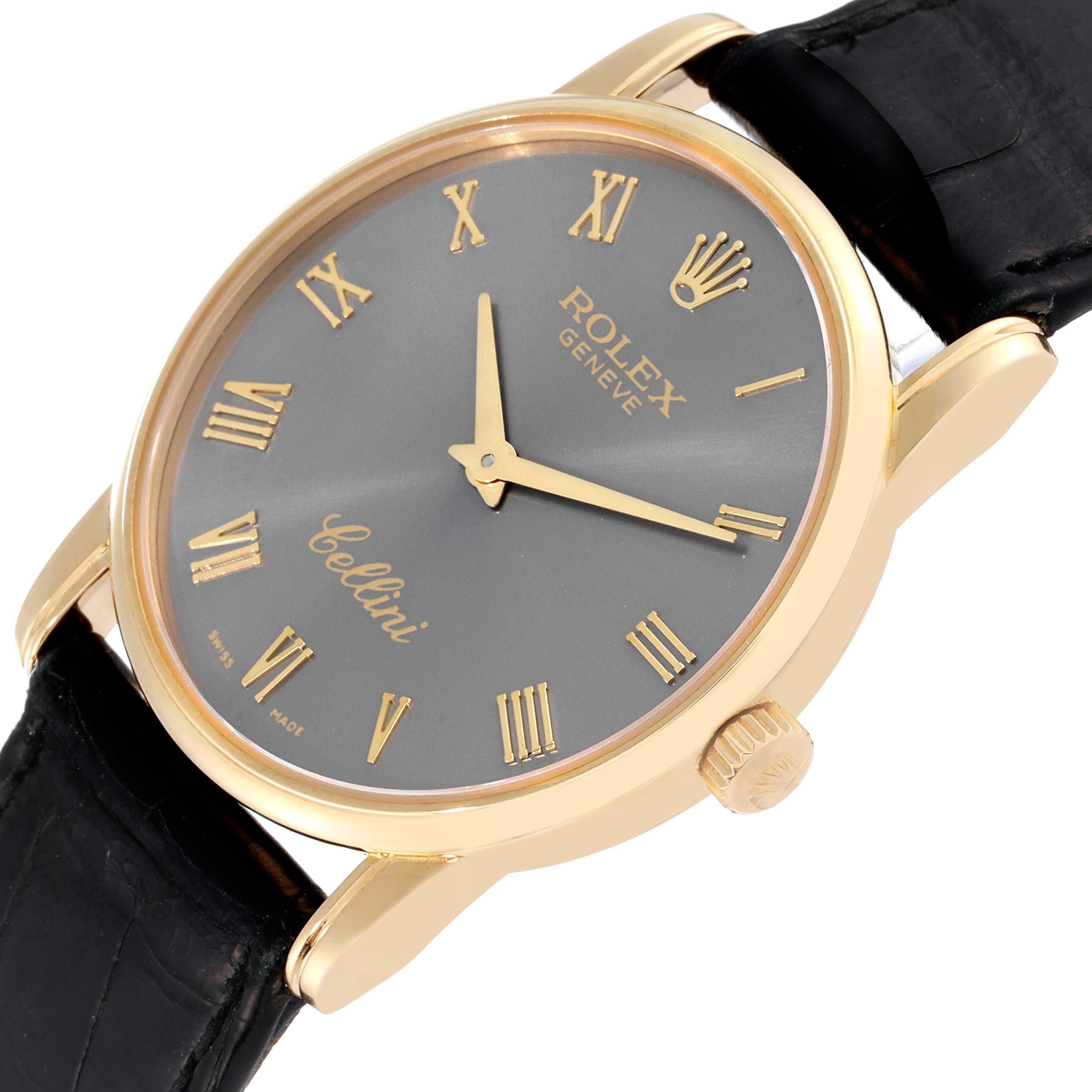 The image shows the face and part of the strap of a Rolex Cellini 5116 Men's Yellow Gold Grey Dial 5116 Men's Yellow Gold Grey Dial watch, viewed from an oblique angle.