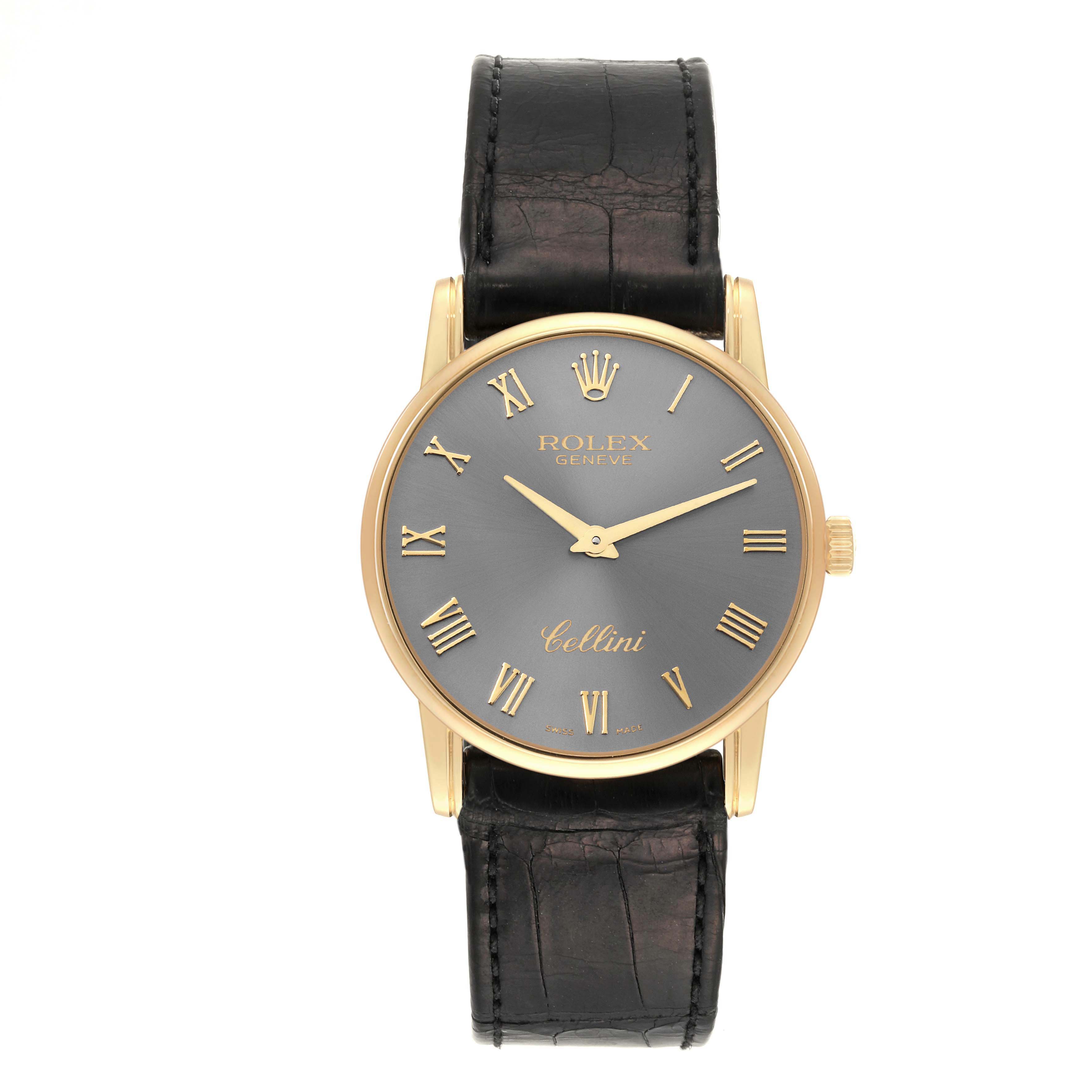 This is a front view of the Rolex Cellini 5116 Men's Yellow Gold Grey Dial 5116 Men's Yellow Gold Grey Dial watch, showcasing its black leather strap and gold case with Roman numeral markers.