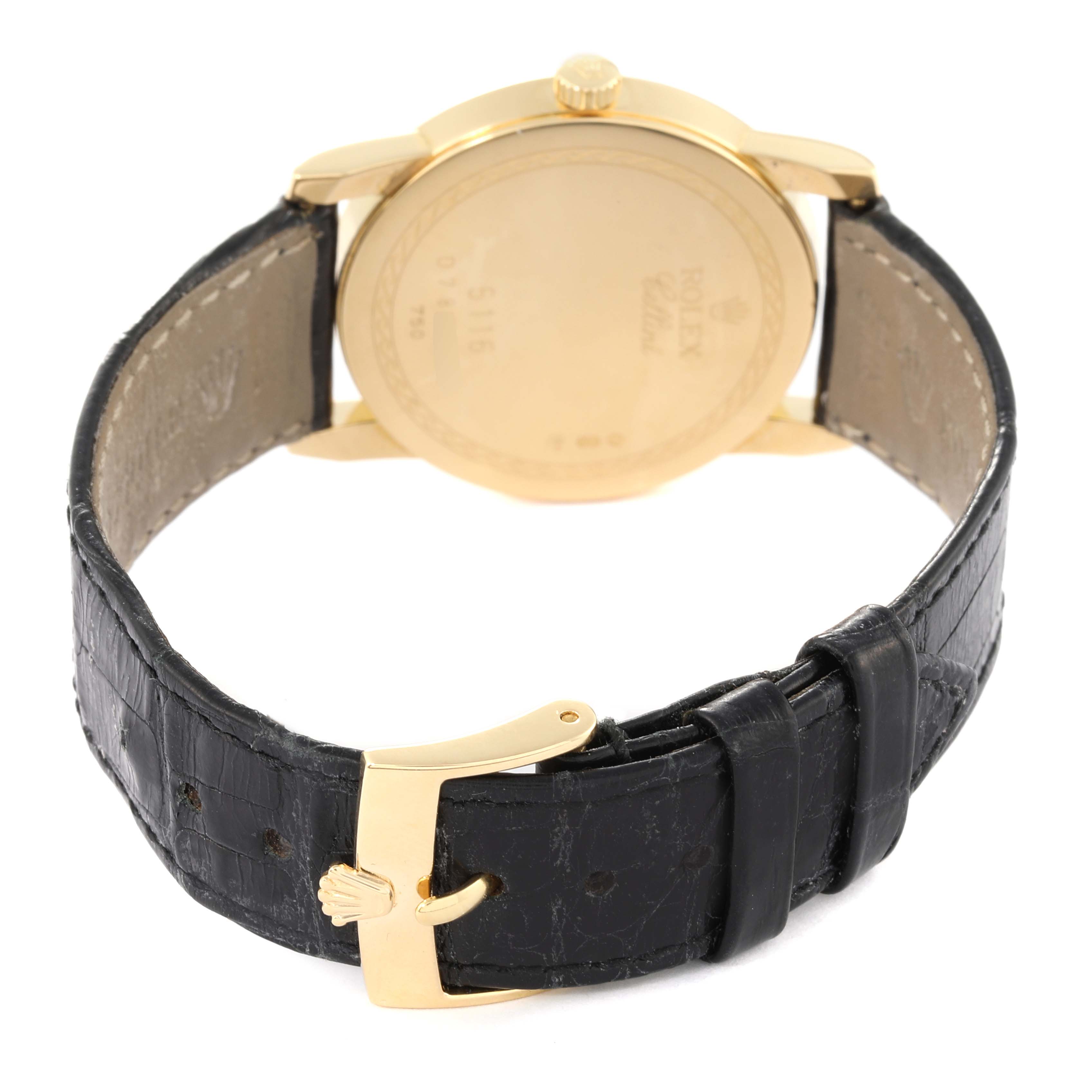 The image shows the back and strap of a Rolex Cellini 5116 Men's Yellow Gold Grey Dial 5116 Men's Yellow Gold Grey Dial watch, highlighting the clasp and case back.