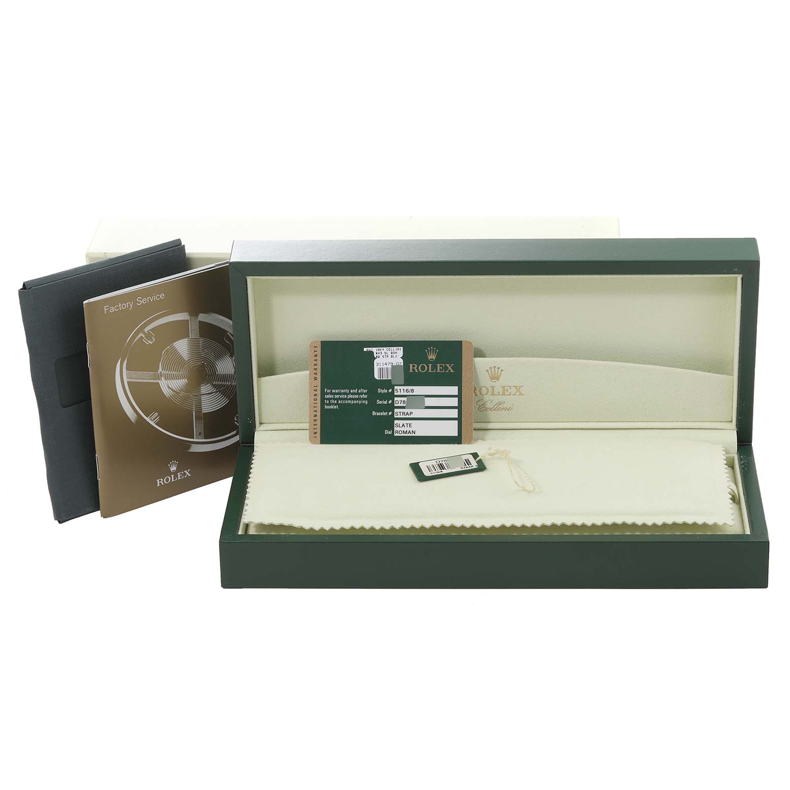This image shows the packaging accessories of a Rolex Cellini 5116 Men's Yellow Gold Grey Dial 5116 Men's Yellow Gold Grey Dial watch, including the box, warranty card, and manuals.