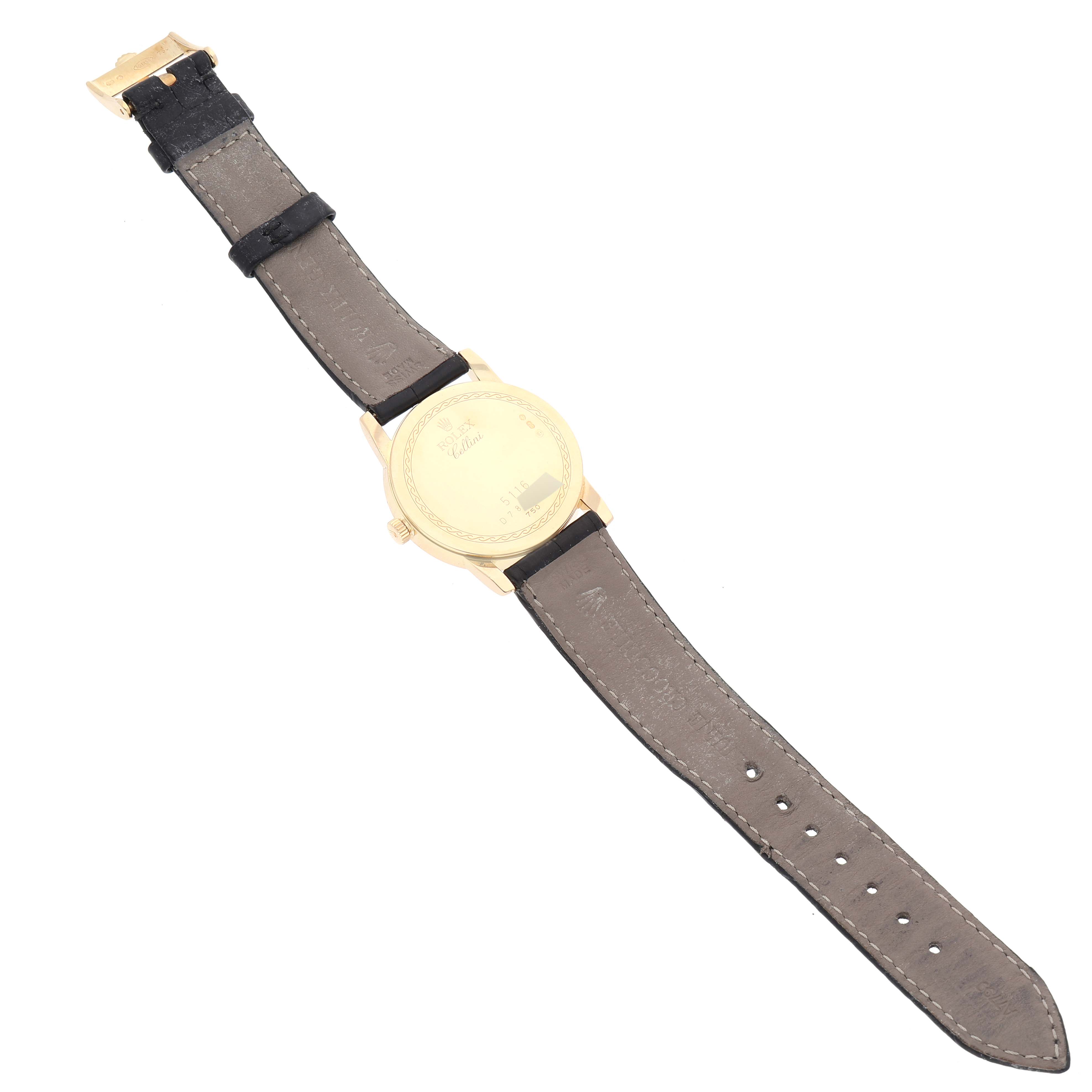 The image shows the back view of a Rolex Cellini 5116 Men's Yellow Gold Grey Dial 5116 Men's Yellow Gold Grey Dial watch, displaying the case back and leather strap.