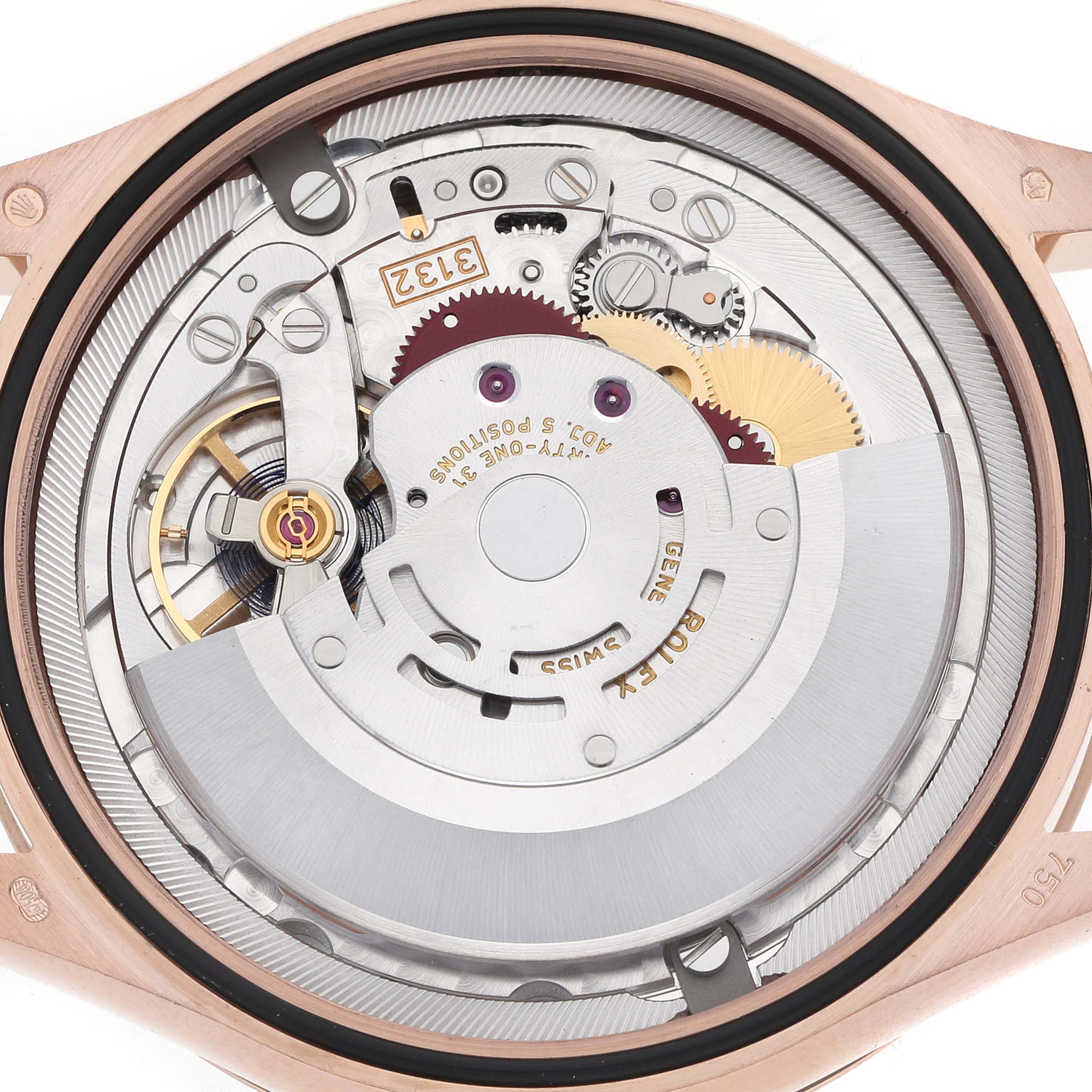 This image shows the movement of a Rolex Cellini 50505 Men's Rose Gold Silver Dial watch from the back, highlighting the mechanical components.